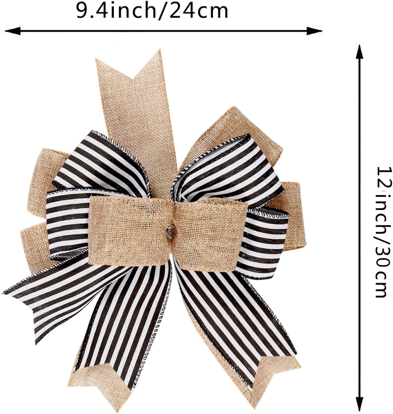 Hongsome 2 Pack Black White Stripe Burlap Fall Christmas Bows for Wreaths,12”x9.4”Rustic Farmhouse Crafts Bow for Gift Wrapping Tree Topper Wedding Holiday Wall Home Front Door Decorations