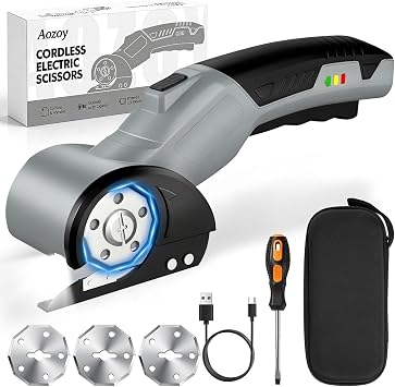 Cardboard Cutter Electric Scissors 320RPM Cordless Box Cutter with 2600mAh Battery 3 Blades, Safety Lock & LED Light Storage Box - Portable Cutting Tool for Fabric Carpet Cartons Plastic Leather Grey