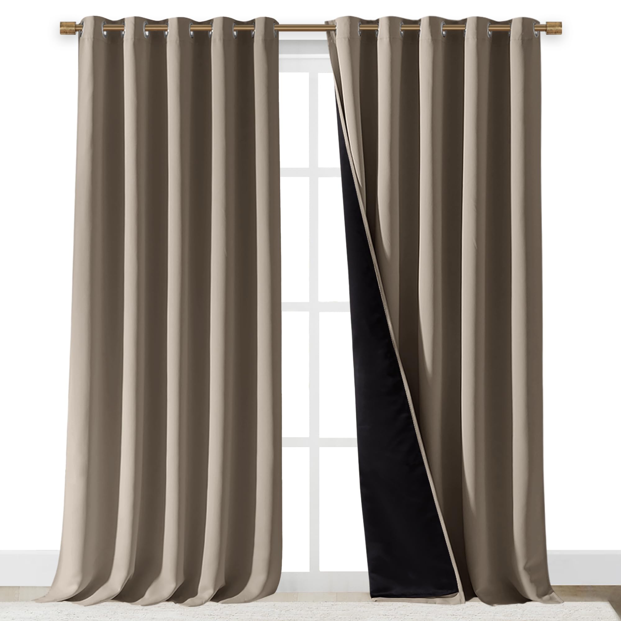 NICETOWN 100% Blackout Blinds, Laundry Room Decor Window Treatment Curtains for Large Patio Sliding Door, Thermal Insulated Taupe Curtains for Bedroom, Set of 2, 70 inches x 108 inches