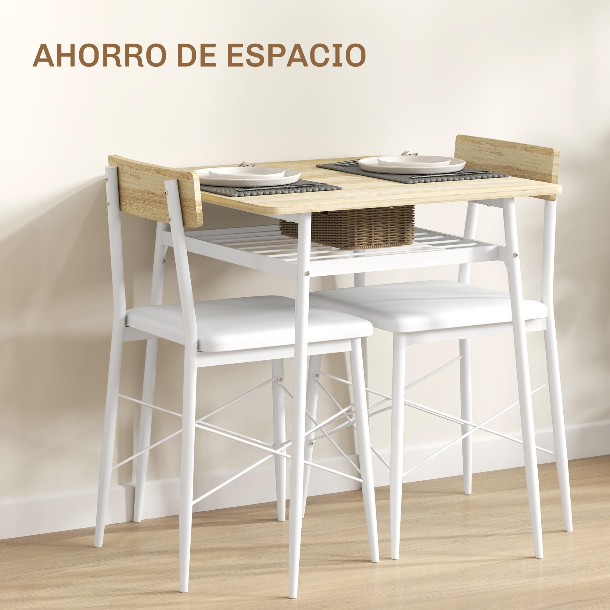 HOMCOM Conjunto de Mesa y Sillas de Comedor de 3 Piezas Mesa con Dos Sillas | sin Brazos, Estante Abierto, Estructura de Acero, Blanco y Roble