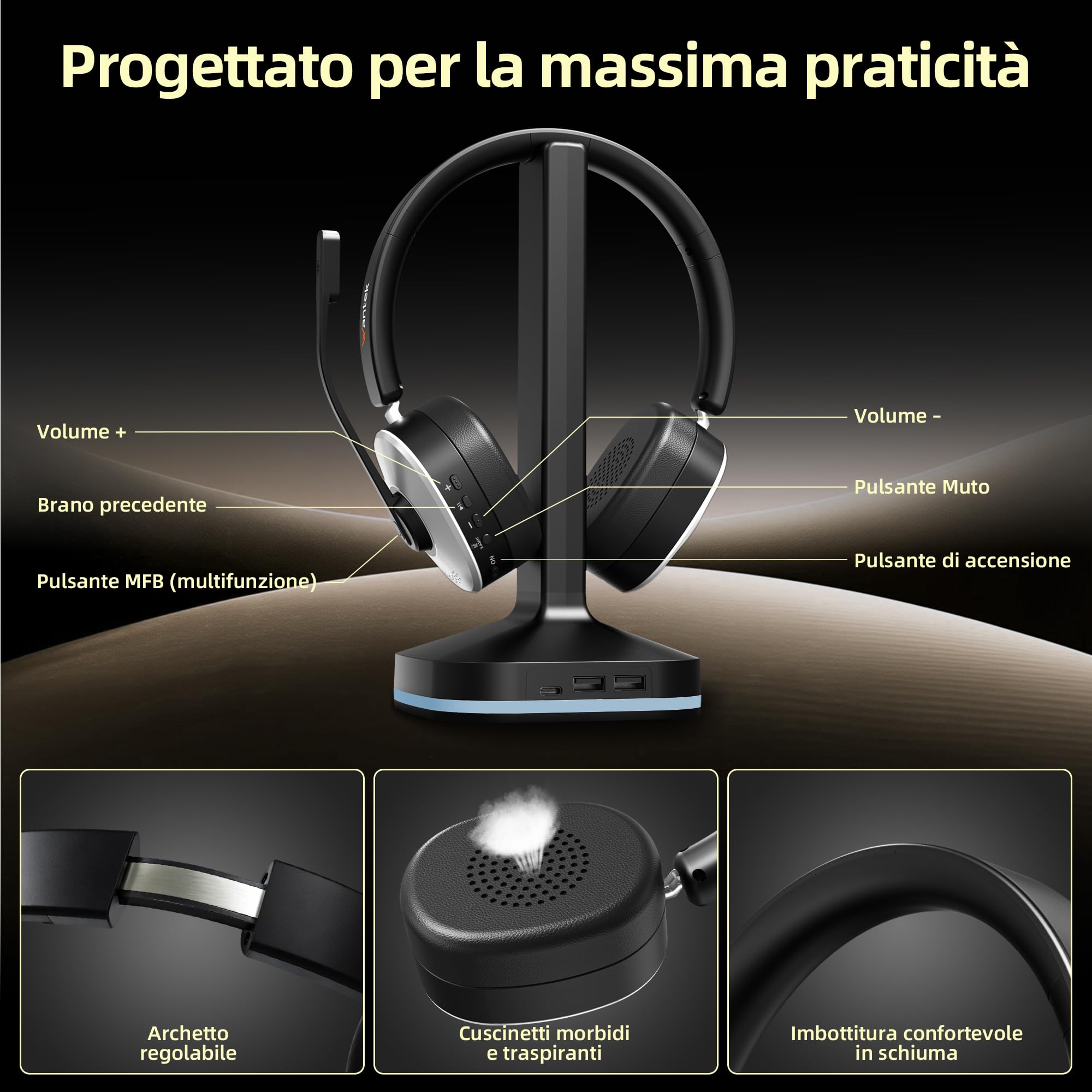Wantek Cuffie wireless con microfono, Cuffie senza fili Bluetooth con stazione di ricarica o USB Dongle per PC Ufficio Zoom Skype Laptop