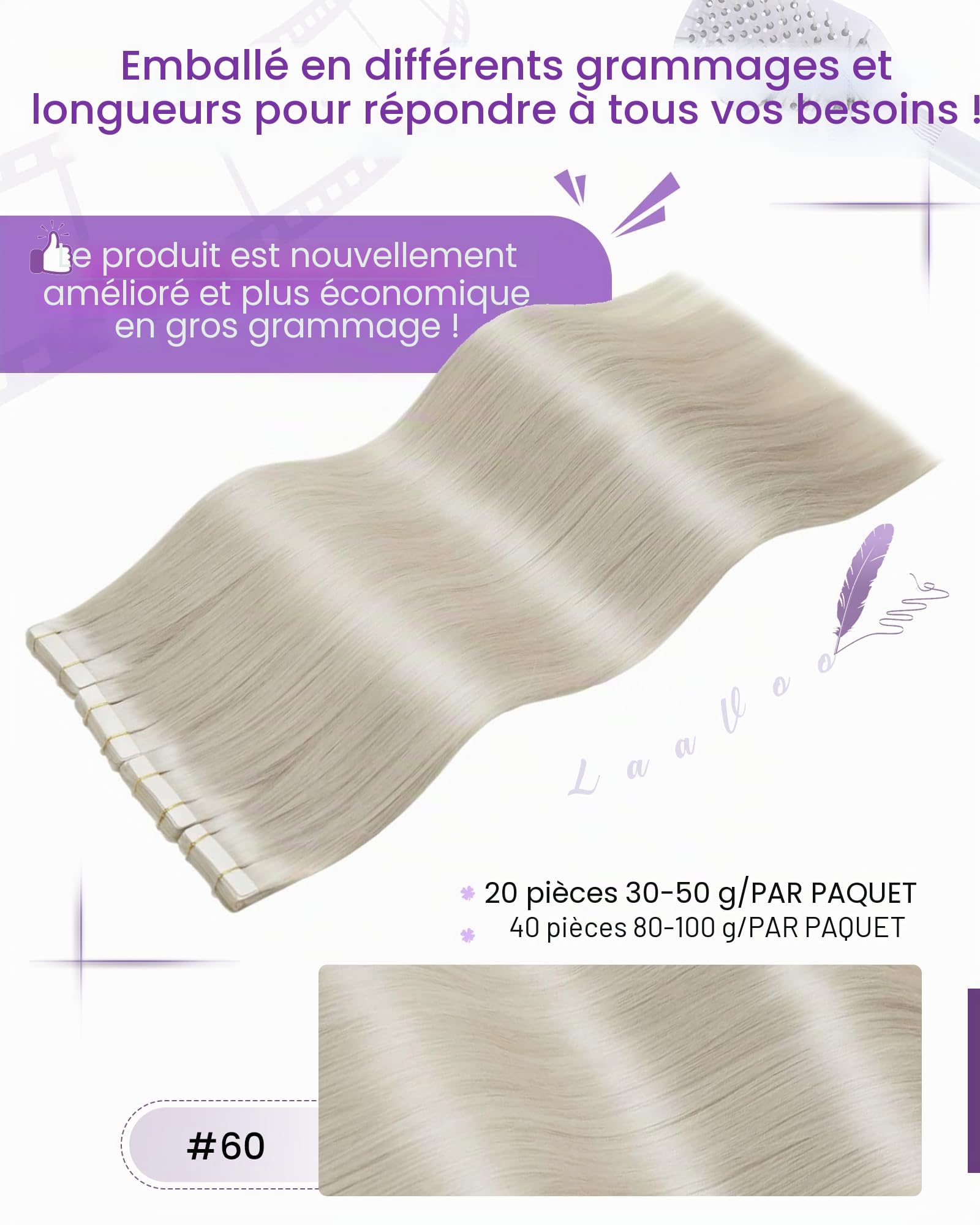 LaaVoo Extension Cheveux Naturel Adhesif Blanc 20pcs 55cm 50g Extension Adhesive Vrai Cheveux Humain Platine Lisse #60