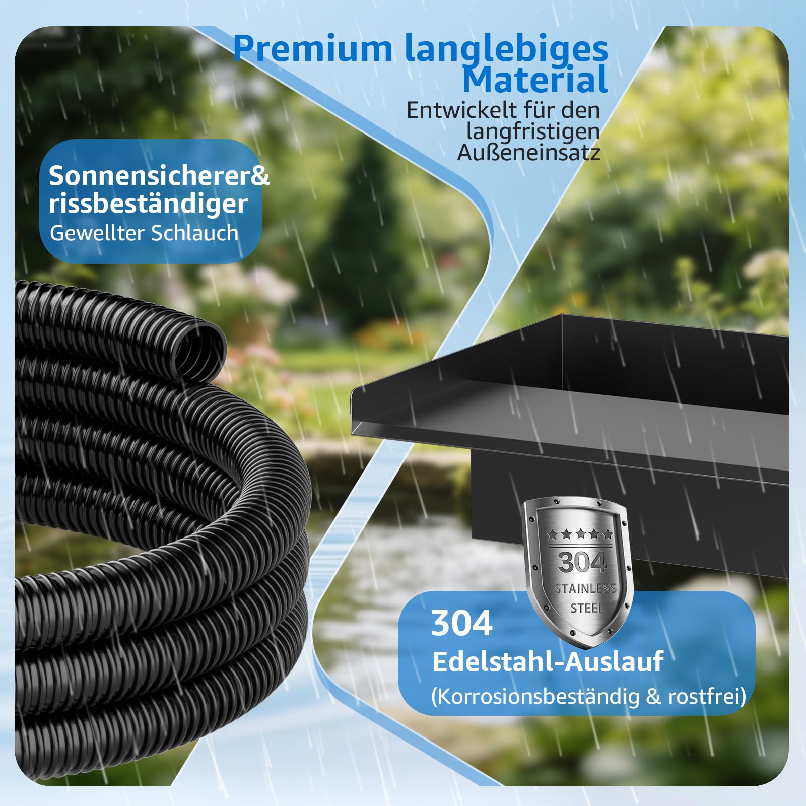 30 cm Teichwasserfall-Set: 304 Edelstahl Wasserfall-Überlauf-Set mit 2500L/H Pumpe, 3 m Frostsicherem Schlauch & 5 m Kabel - Komplettes Wasserfall-Brunnen-Set für Garten & Pool