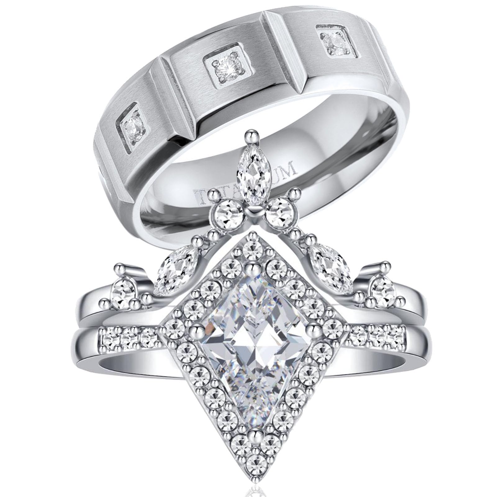 Couple Rings Matching Rings White Gold Plated 1.5CT AAA CZ 2pcs Women Wedding Ring Sets for Him and Her Rings Men Band