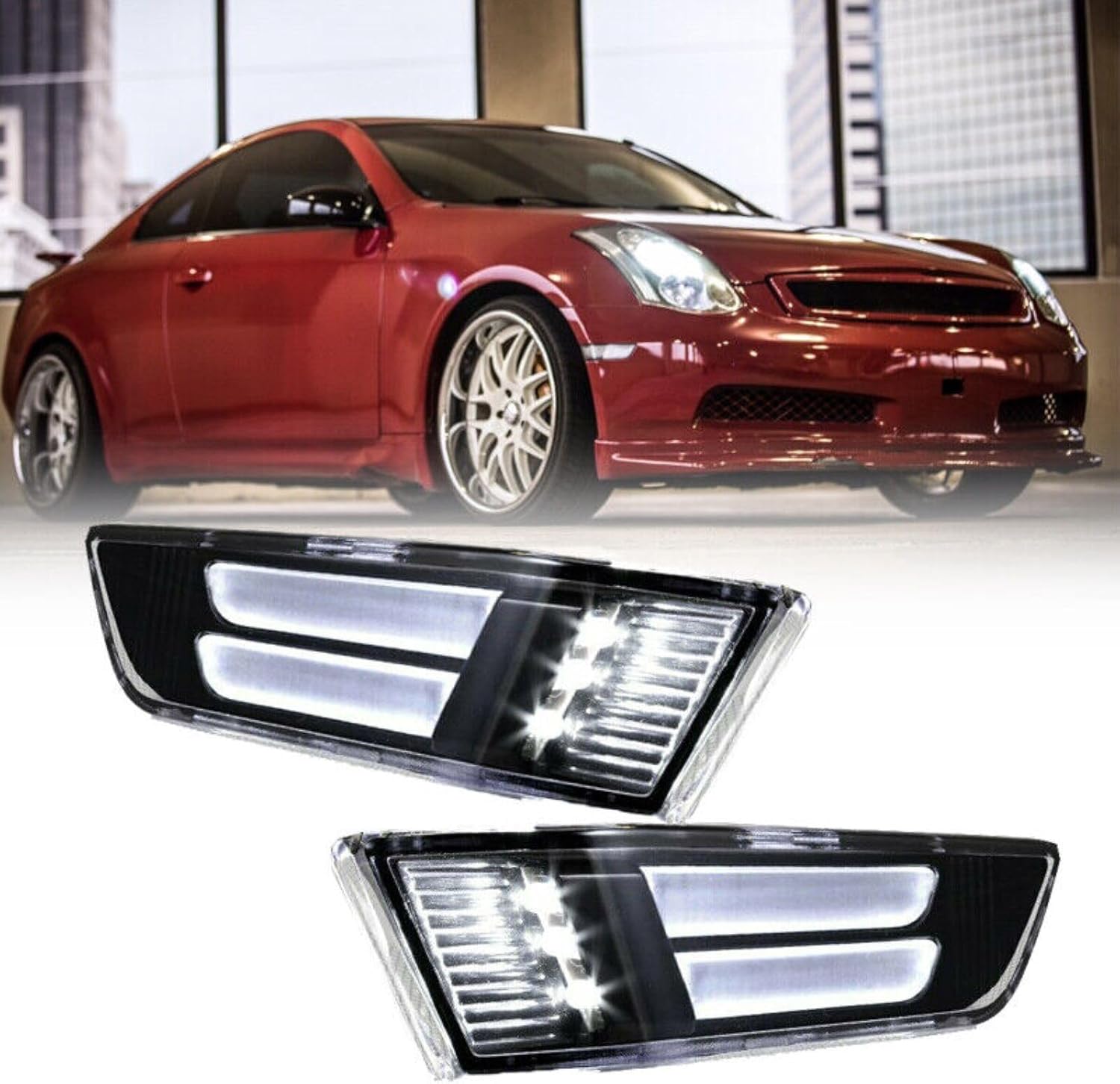 Fits 2003 2004 2005 2006 2007 For INFINITI G35 2 Door Coupe parking turn signal light, Compaire with Smoke Lens White LED Front Bumper Side Marker Parking Light Pair