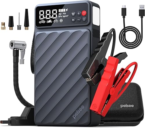 Pelsee Arrancador de 3500 A con compresor de aire, 20000 mAh 160PSI batería portátil para automóvil, batería de 12 V (motor diesel de 10 L de gas