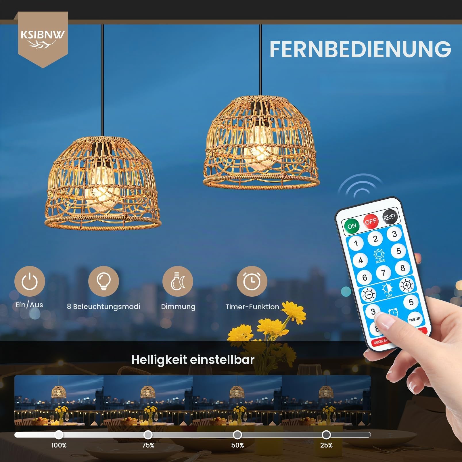 KSIBNW Solarlampen für Außen Garten, Outdoor Rattan Solar Hängelampe mit Fernbedienung Wasserdichte IP65 Pendelleuchte Solarbetriebene Lampe mit Solarpanel und 5M Kabel für Balkon Terrassen Patio