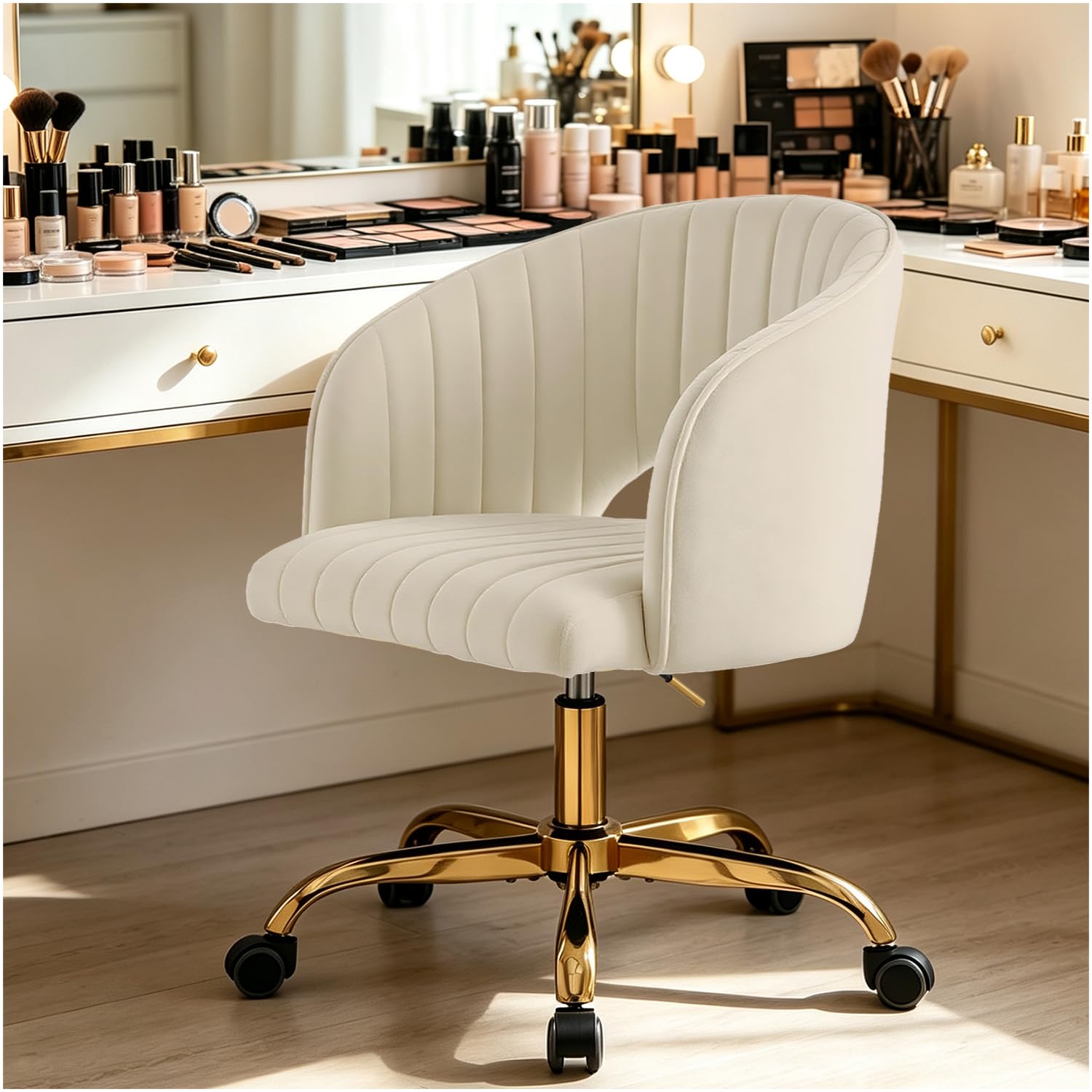 Sedia da Scrivania Imbottita e Girevole - Poltrona da Ufficio Comoda con Schienale in Velluto - Sedia Moderna per Trucco con Ruote - Oro e Bianco