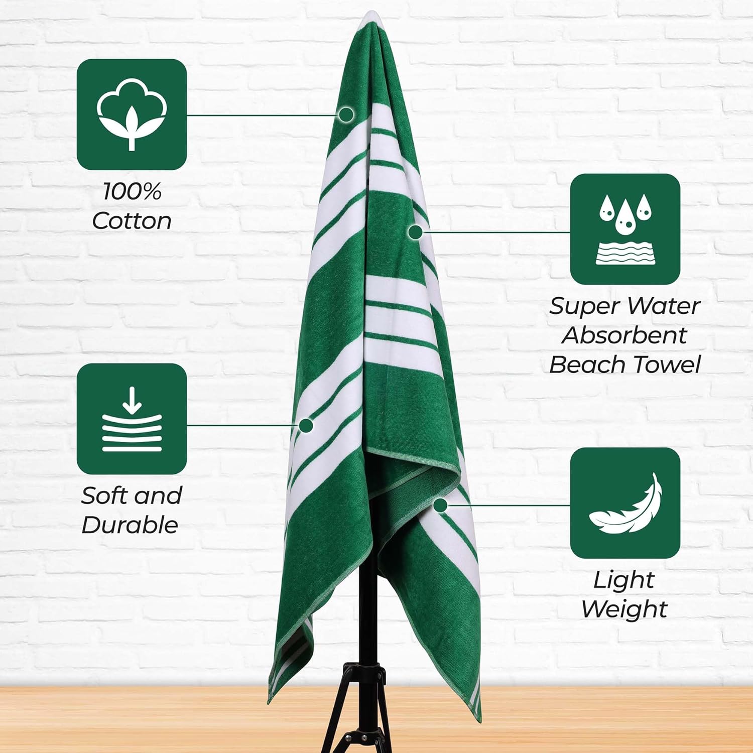 Superior Oversized Cotton Beach Towel Set of 6, Absorbent Towels for Bathroom, Beach, Pool, Swim, Adults, Kids, Vacation, Travel, Bath, Quick Dry Basics, Trip Essentials, Striped Decor, Dark Green - Image 3