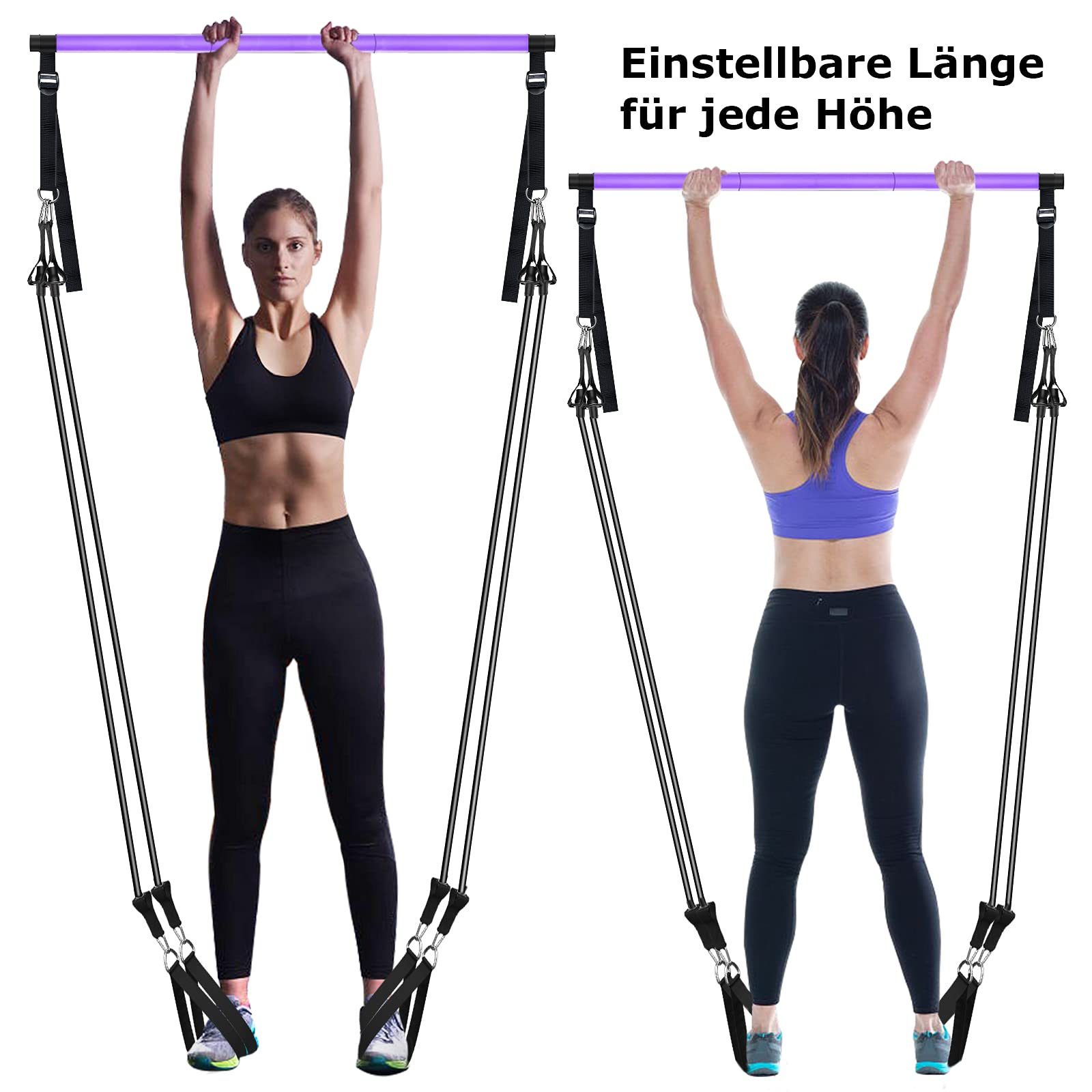 Pilates bar Set, Einstellbarer Pilates Bar mit 4 Resistances Bands（40 LBSx2、50LBSx2） Schaumstoffgriff und Türanker. tragbare fitnessgeräte für zuhause, für Yoga, Stretch, Formen. (violett)