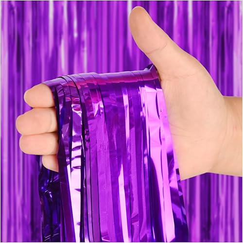 Miniatura 2 de Paquete de 3 cortinas de oropel moradas de 3.3 x 9.9 pies, decoración de telón de fondo de fiesta con flecos metálicos para decoración de despedida