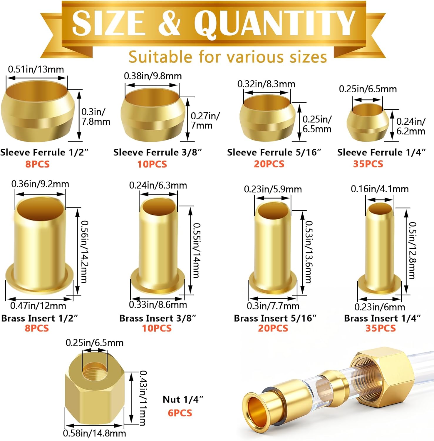 152PCS 4 Sizes Brass Compression Fittings Assortment kit- 1/2", 3/8", 5/16", 1/4" Insert, Sleeve Ferrule, Nut for Connecting air, Fuel, Water, Oil and inert Gases Lines