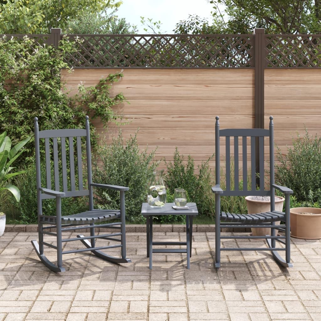 2 STK. Graue Schaukelstühle aus massivem Pappelholz mit gebogener Sitzfläche und Armlehnen, hohe Rückenlehne für bequemes Sitzen, ideal für Garten, Terrasse und Balkon, belastbar