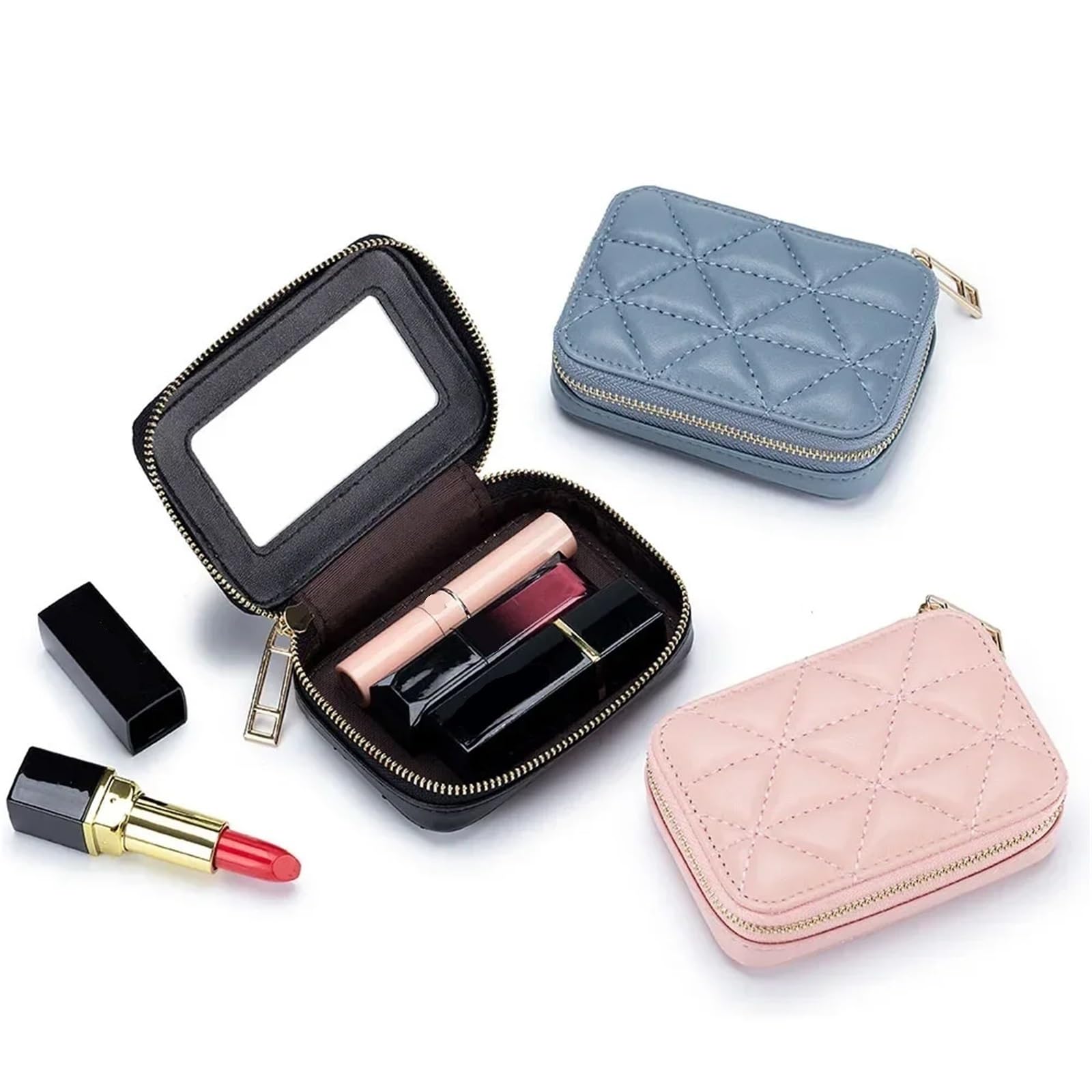 Reise-Kosmetiktasche Reise-Kosmetiktasche, tragbare Leder-Kosmetiktasche, Mini-Lippenstift-Umschlag, Münzgeldbörse(Gray)