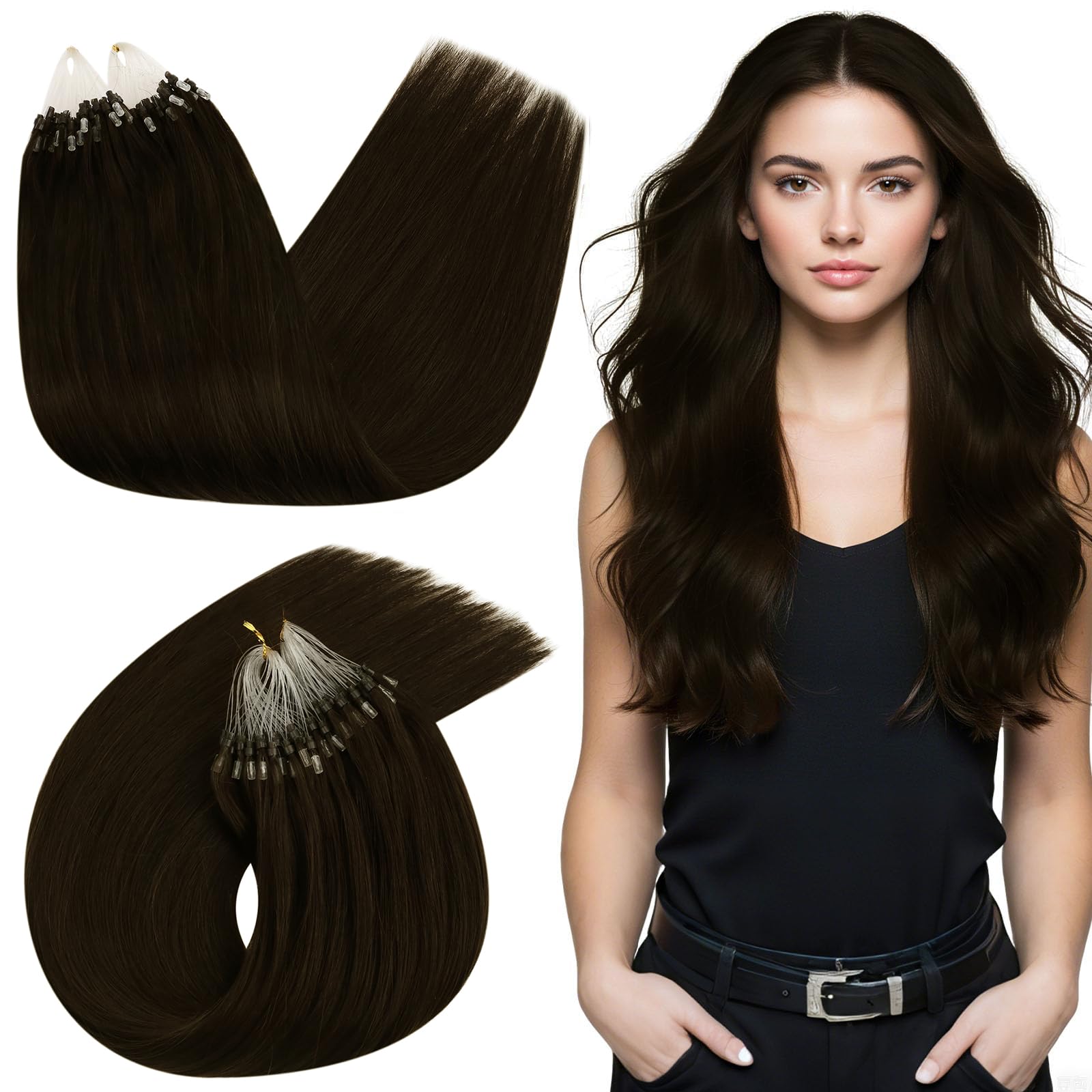 Ugeat Micro Bead Hair Extensions Brown Microlink Human Hair Extensions Invisible Microloop Hair Extension Human Hair by Cold Fusion 18 Inch 50S 57G