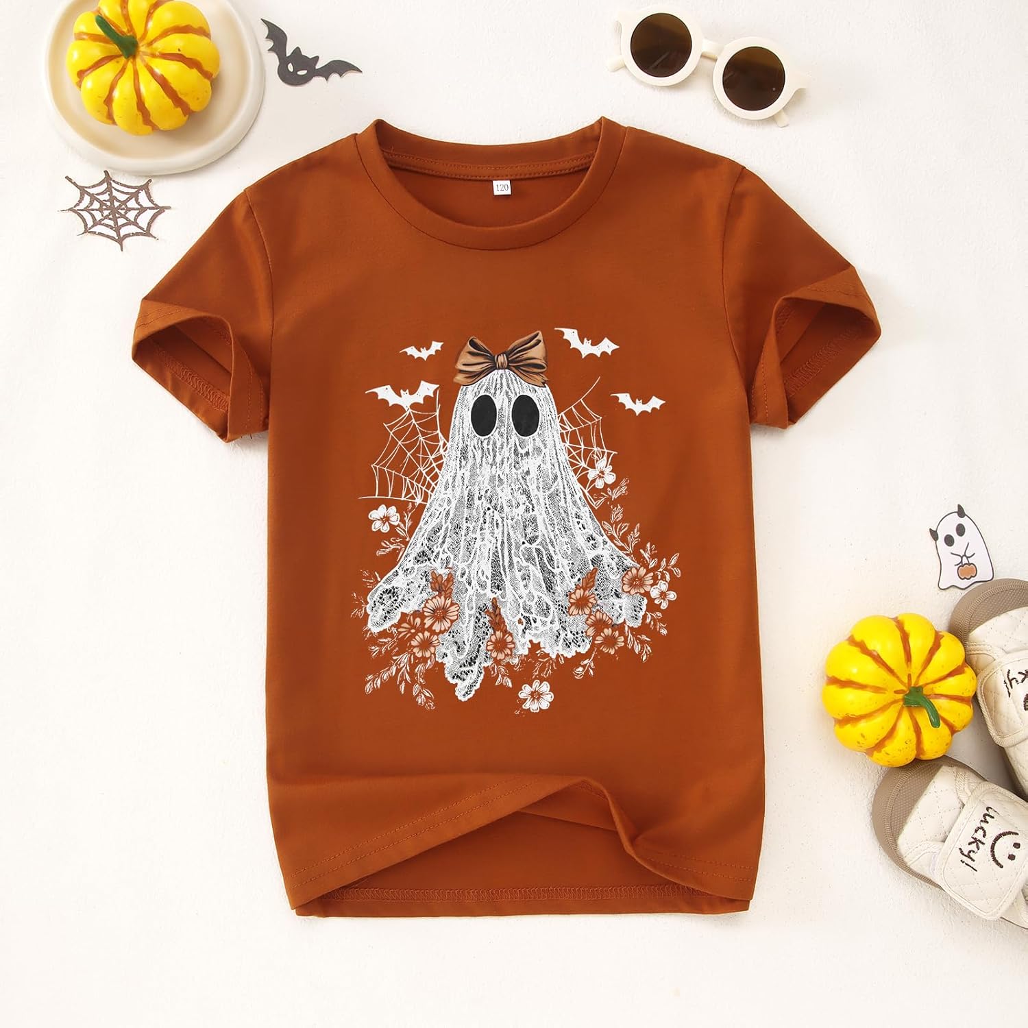 Halloween Shirts for Girls Floral Bow Lace Ghost T-Shirt Kid Spooky Season Outfit Boho Short Sleeve Tees Fall Tops - Image 7