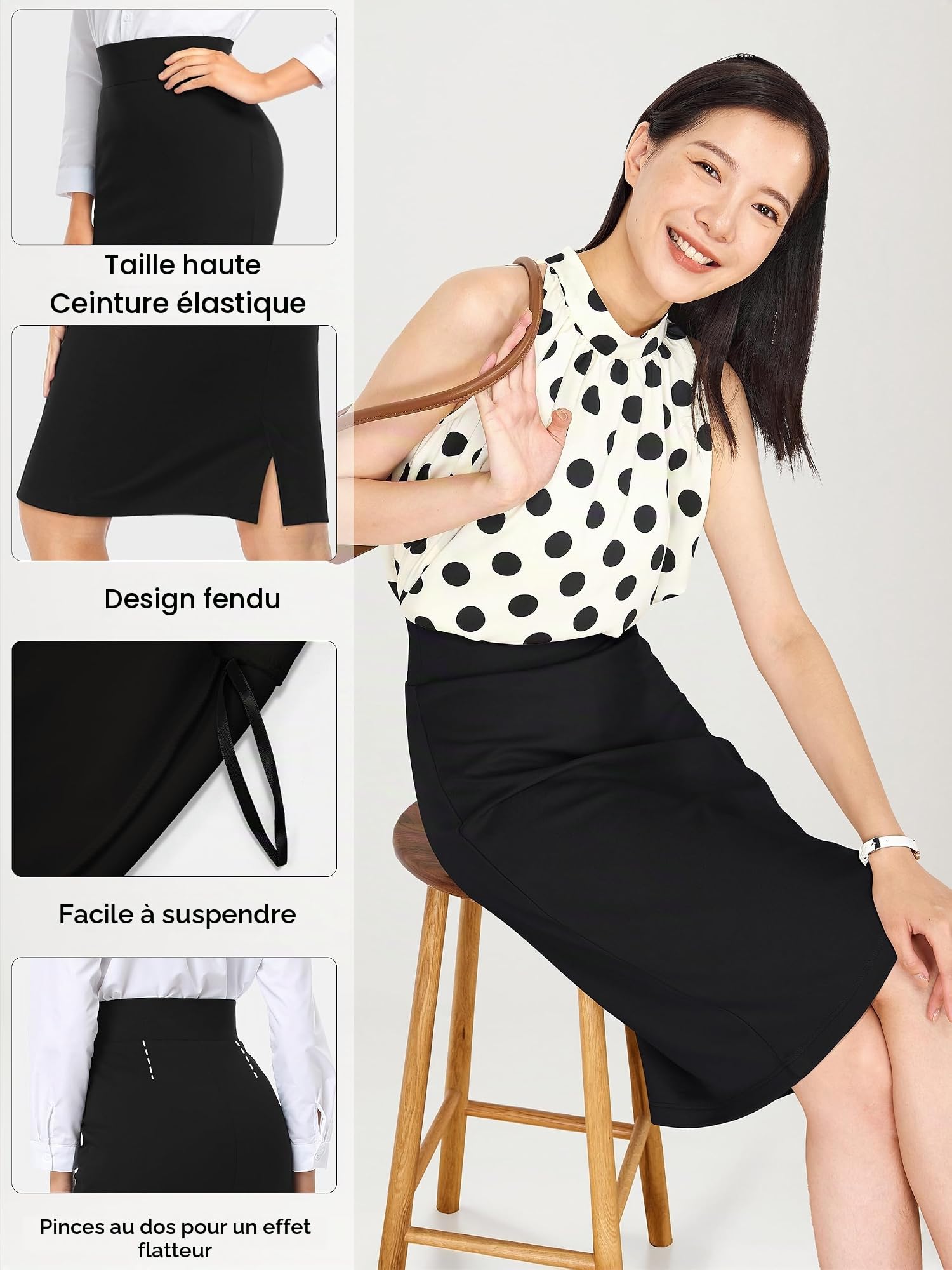 Tapata Jupe Crayon Ponte Femmes Extensible Travail Bureau Longueur aux Genoux Moulante Taille Haute Tenue Tavail Fente au Dos