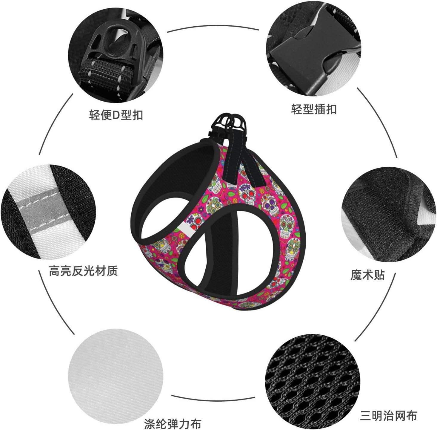 Summer Puppy Harness Skull Green Leaves Print Reflective Dog Harness Accessories for Small Medium Large Dogs and Cats 10