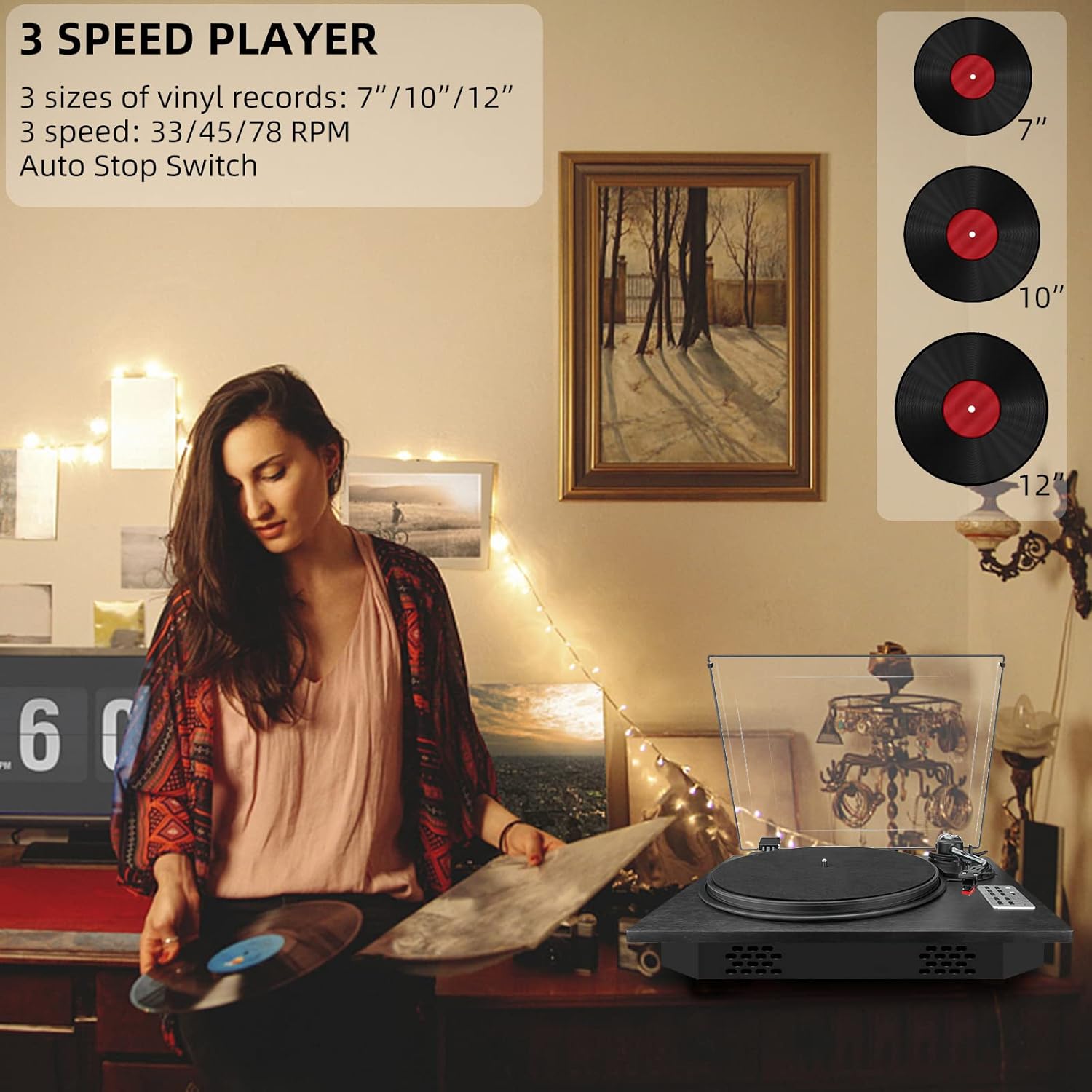 Vinyl Record Player, 3 Speed Turntable with Bluetooth Built-in Speakers Record Player Vinyl USB Direct MP3 Recording Phonograph Player, Adjustment Counterweight Pitch Control, Black