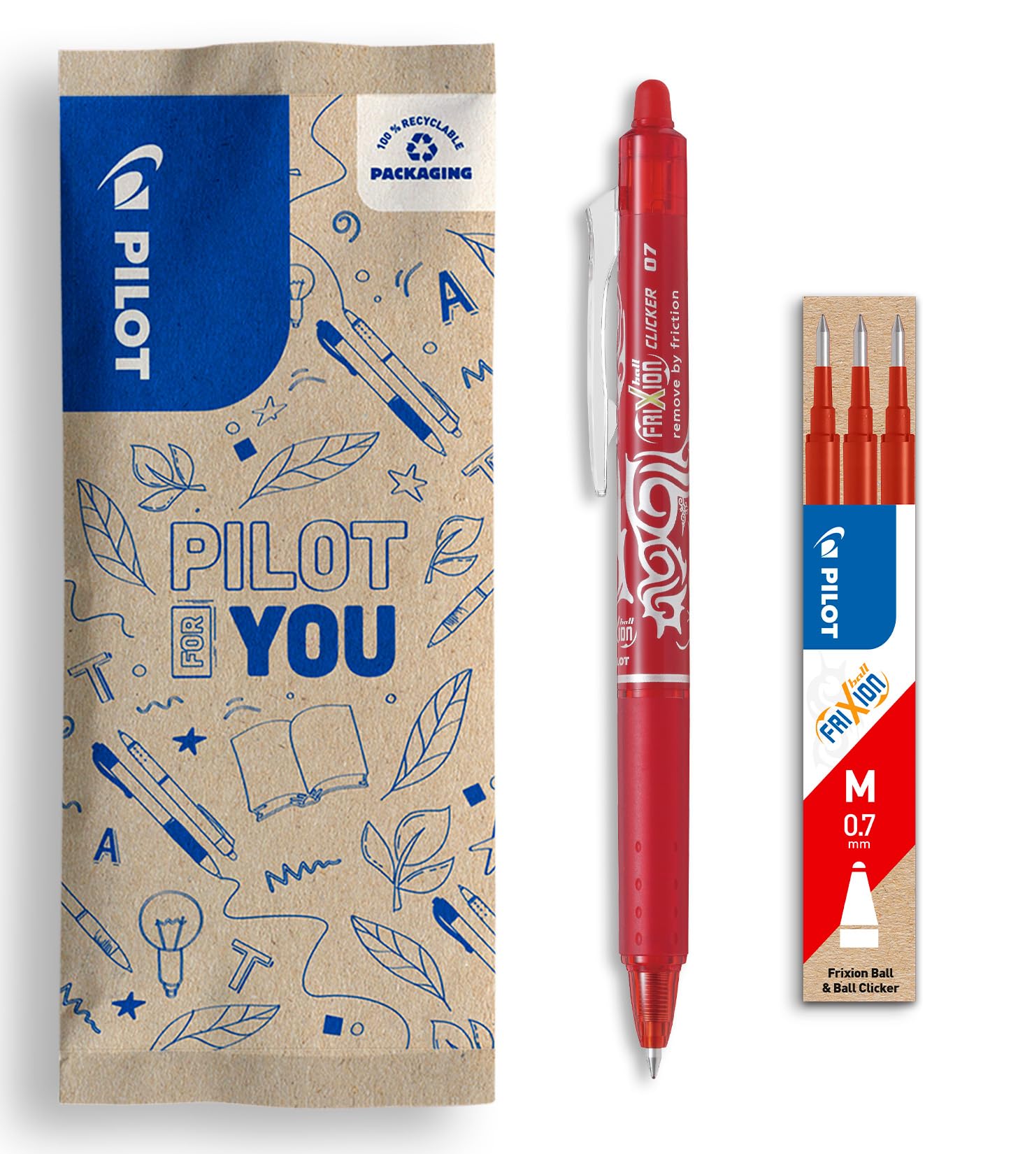 PILOT - Set de 1 Frixion Ball Clicker + 1 Set de 3 recambios - Bolígrafo retráctil borrable con tinta termosensible - Rollerball recargable y ergonómico - Rojo - Punta media