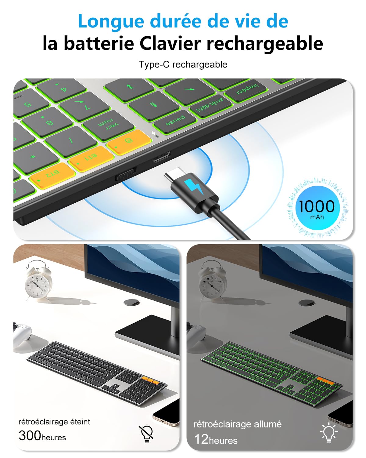 OMOTON Clavier sans Fil Métal, Bluetooth 2.4G Rétroéclairé Clavier, Rechargeable avec 2 Canaux Keyboard à Ciseaux AZERTY Français Ergonomique Silencieux pour PC/Mac/Windows (Noir)