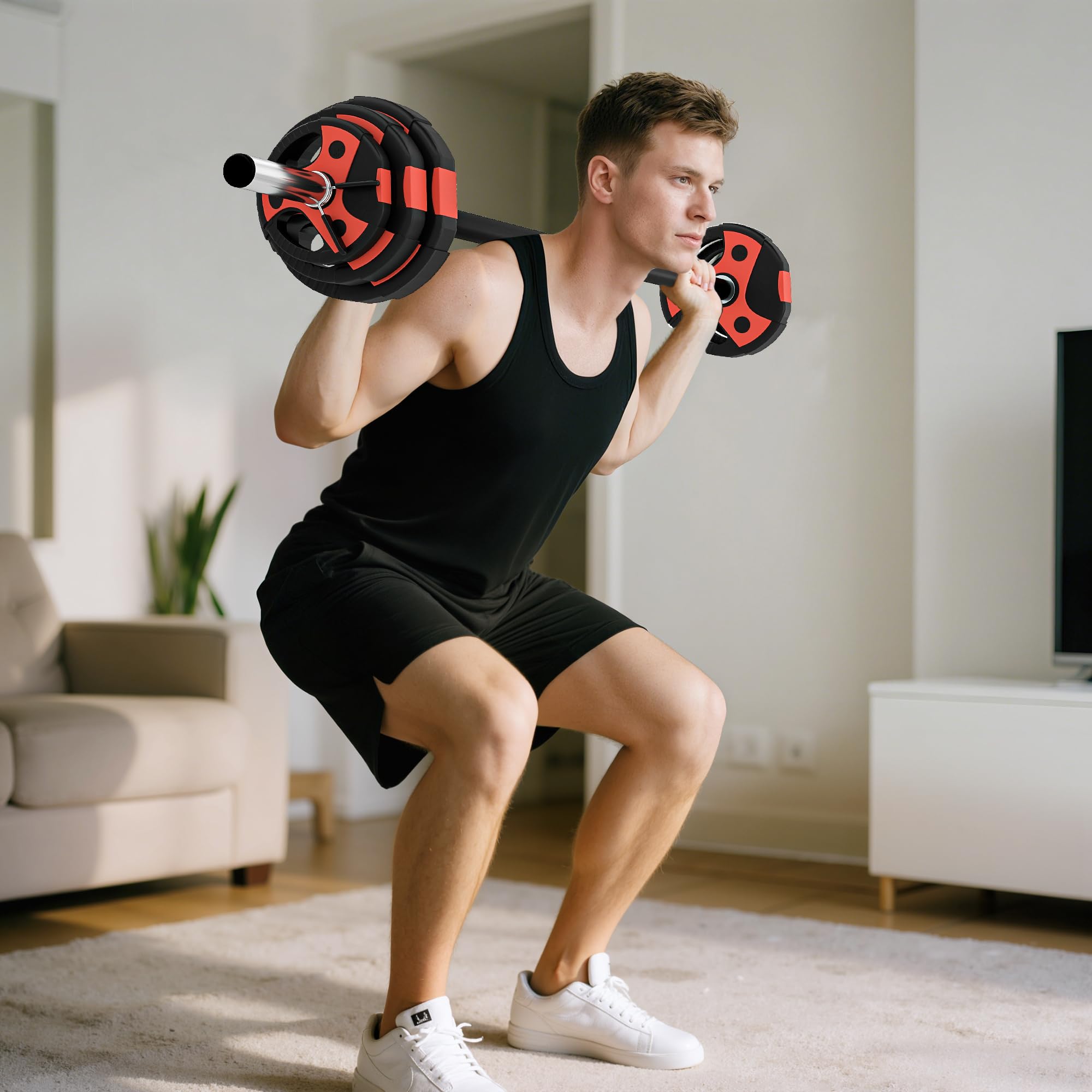 SPORTNOW Ensemble d'haltère 20 kg, kit barre de musculation avec poignée antidérapante, barre monobloc, exercices de fitness entraînement à la maison et gym, poids réglable, charge max. 50 kg, noir