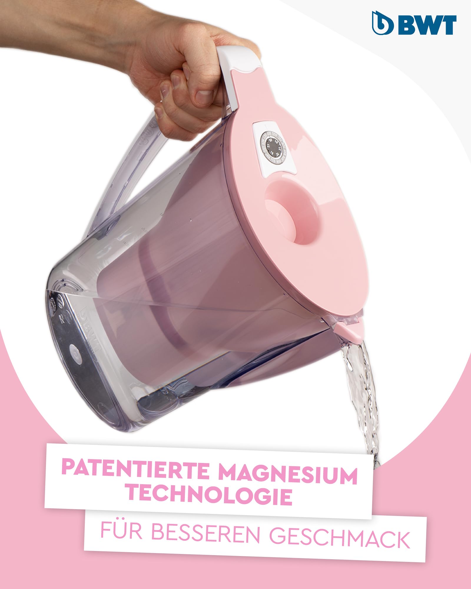 BWT AQUAlizer Home Rosa | Caraffa filtrante 2,6 l con 1 filtro al magnesio | depuratore acqua rubinetto | riduce calcare cloro metalli pesanti | per cucina bevande tè caffè