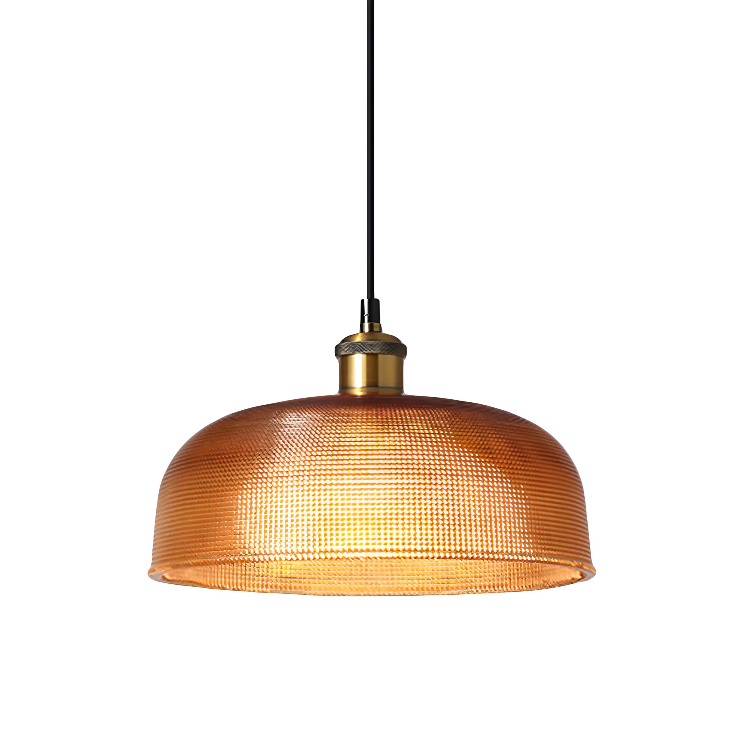 LFsem Industrial Vintage Pendant Light with Round Glass Shade, Antique Brass E27 Loft Ceiling Pendant Light, 1-Light Chandelier for Kitchen Island, Dining Room, Cafe, Bar (Amber, 27cm)
