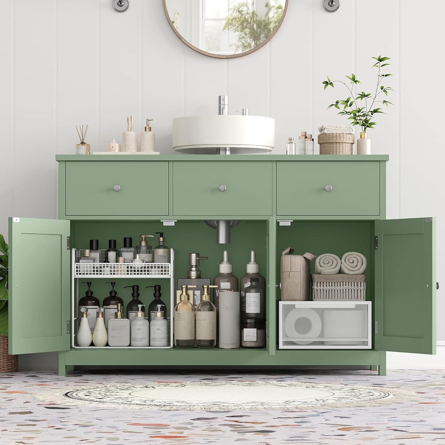 FOREHILL Meuble sous Lavabo 100cm, Meuble de Salle de Bain sous Vasque, Meubles de Salle de Bain Rangement avec 3 Portes 2 Tiroirs sur Pieds 100x30x61cm Vert