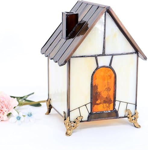 Miniatura 10 de Pequeña lámpara de mesa estilo faro con vidrio emplomado estilo Tiffany, lámpara decorativa retro, adecuada para dormitorio, oficina, decoración del