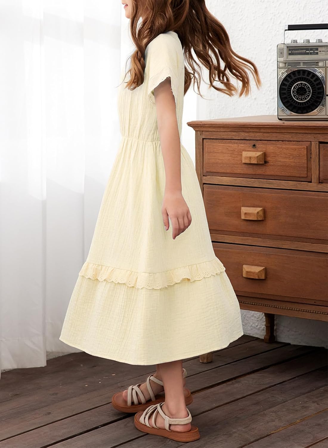 blibean Girls Cotton Short Sleeve Dresses Lace Semi Formal Dress Size 6-15 Years - Image 5