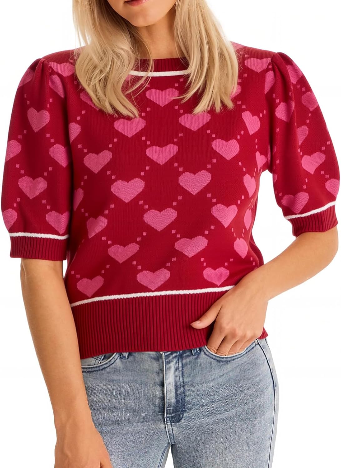 Women Puff Short Sleeve Sweater Cropped Knit Shirts Cute Heart Valentines Pullover Crop Top(Please Size up)