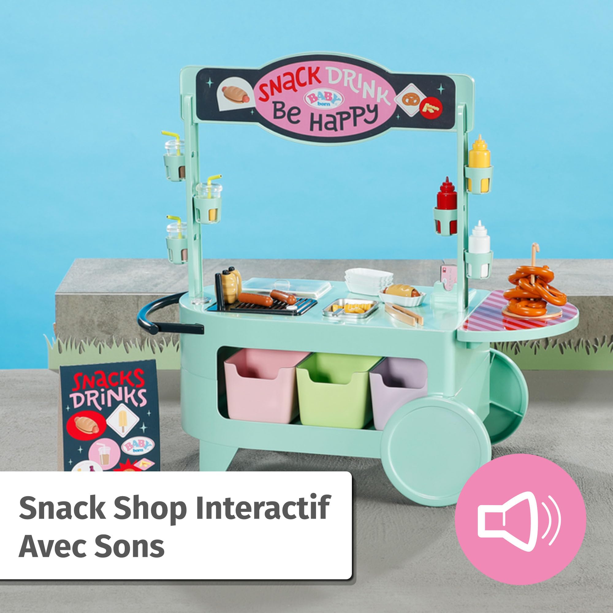 BABY born Snack Shop avec Effets sonores pour poupons 43 cm | Effets sonores, 25 snacks de fast-food, adaptés aux poupons de 43 cm