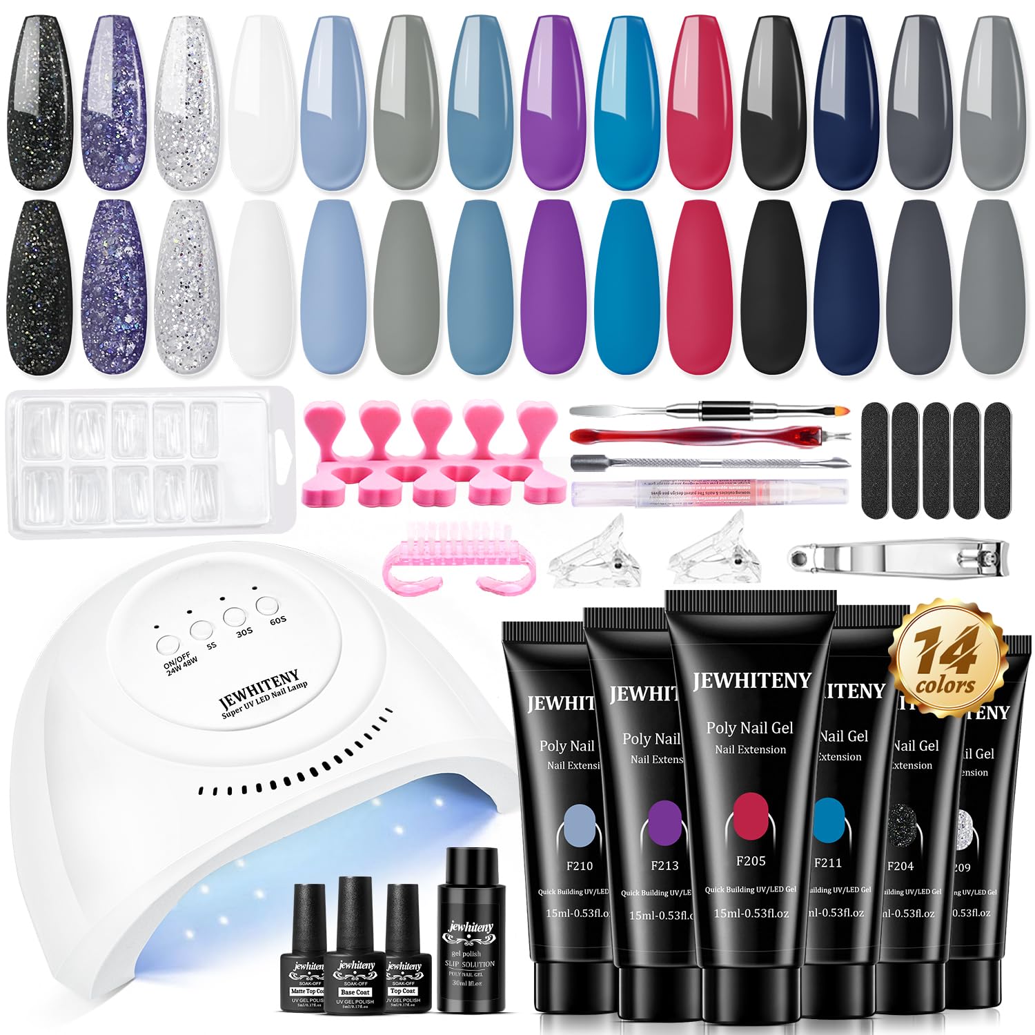 JEWHITENY Poly Nail Gel Kit 14 Colors Purple Nude Grey Black Blue Glitter Tones Starter Kit with UV Lamp Matte & Glossy Top & Base Coat All-in-One