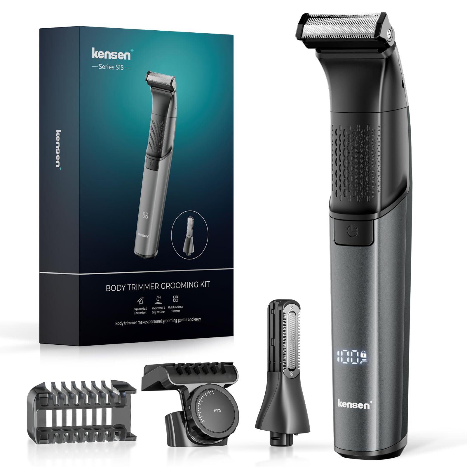 kensen 2 In 1 Rasoio Elettrico Corpo Uomo Impermeabile 100 Min di Autonomia | Rasoio Corpo Uomo Wet & Dry Depilatore Intimo Uomo con Pettini Regolabili 1-10mm per Arti & Torso & Dalla Vita in Giù