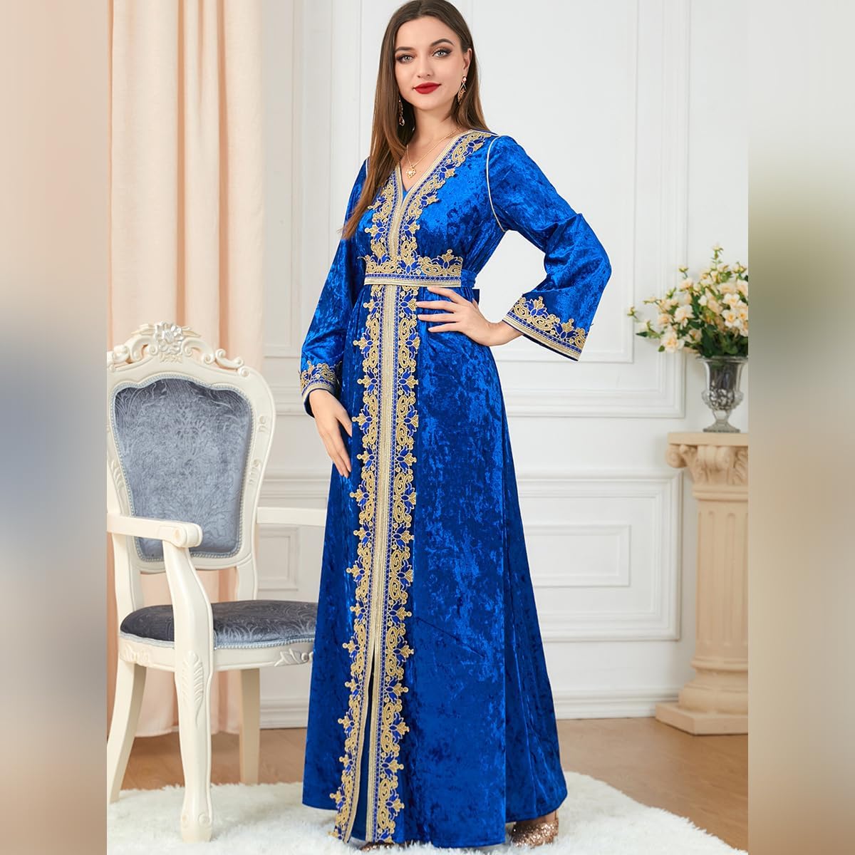 IDOPIP Muslim Women Velvet Dress Embroidery Abayas Long Sleeve V-Neck Moroccan Maxi Kaftan Dubai Robe Arabic Islamic Clothing - Image 4