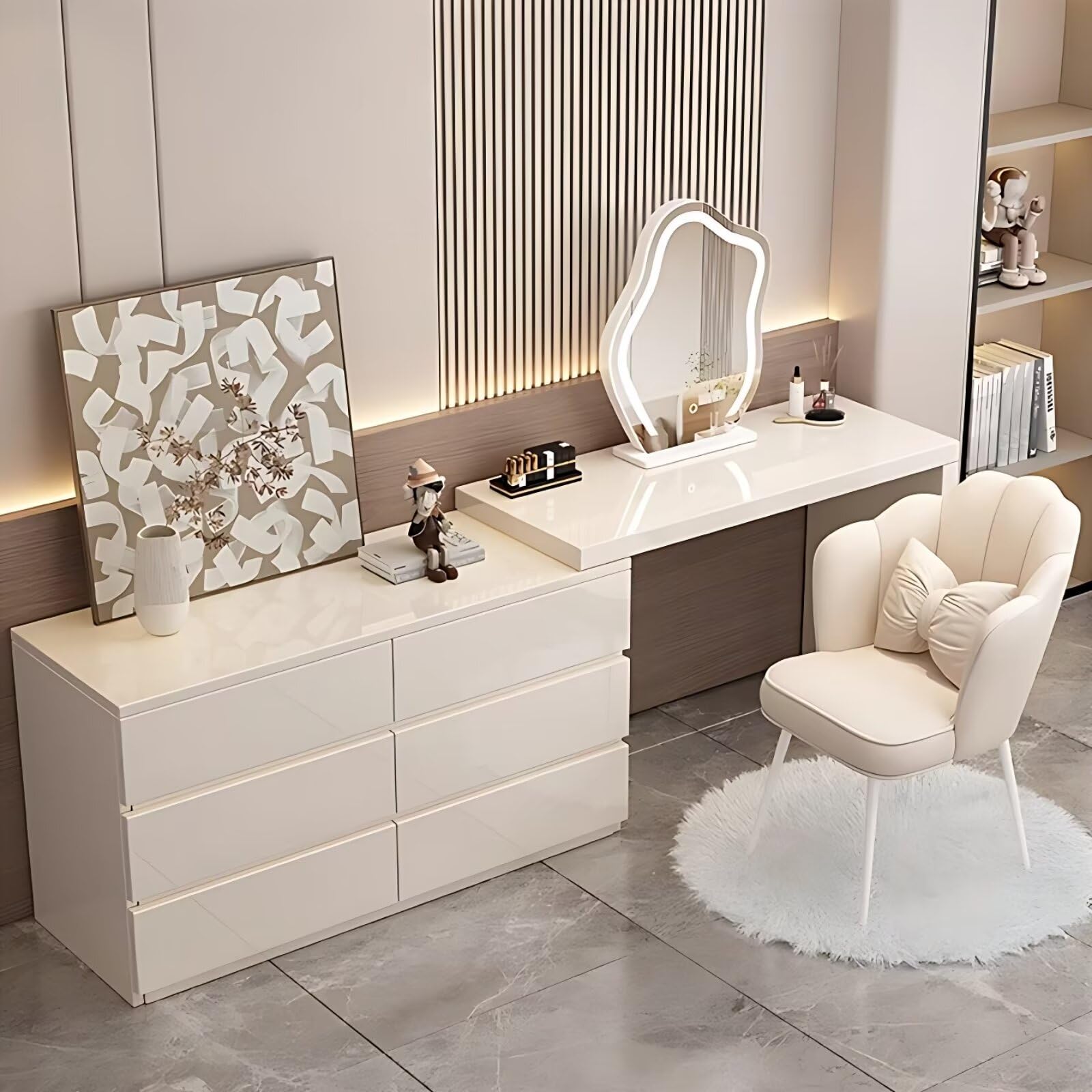 White Makeup Vanity - Vanity Desk with 6 Drawers & Smart LED Lights Mirror, Luxury Large Bedroom Dressing Table Include Chair, Suitable for Her (31.5'')