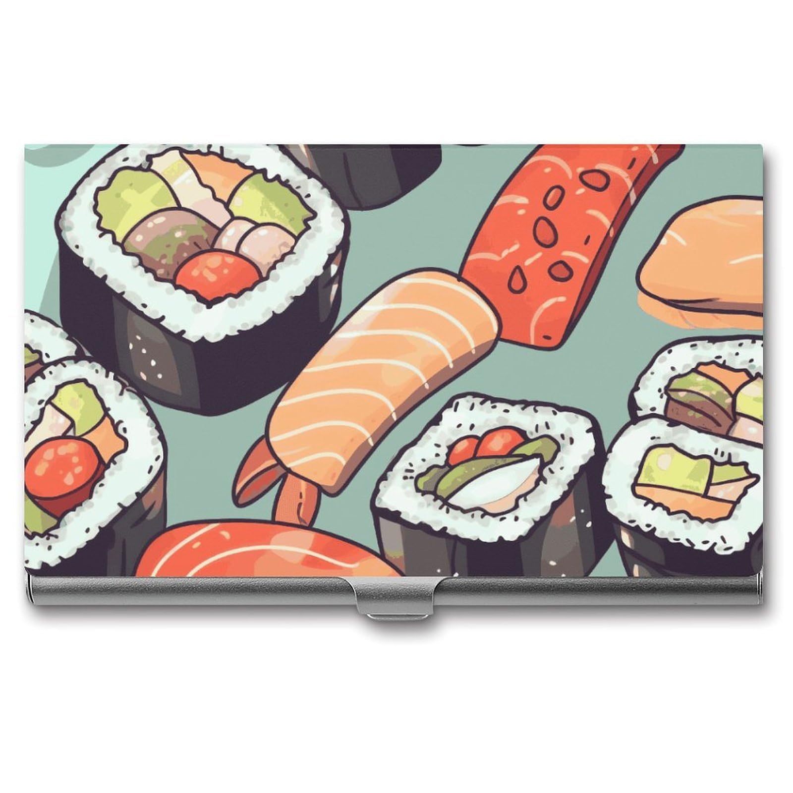 BTCOWZRV Sushi Business Card Holder Metal Slim Business Card Case, Pocket Card Holder for Men Women Purse Name Card Holder Stainless Steel Wallet Credit ID Case for Office