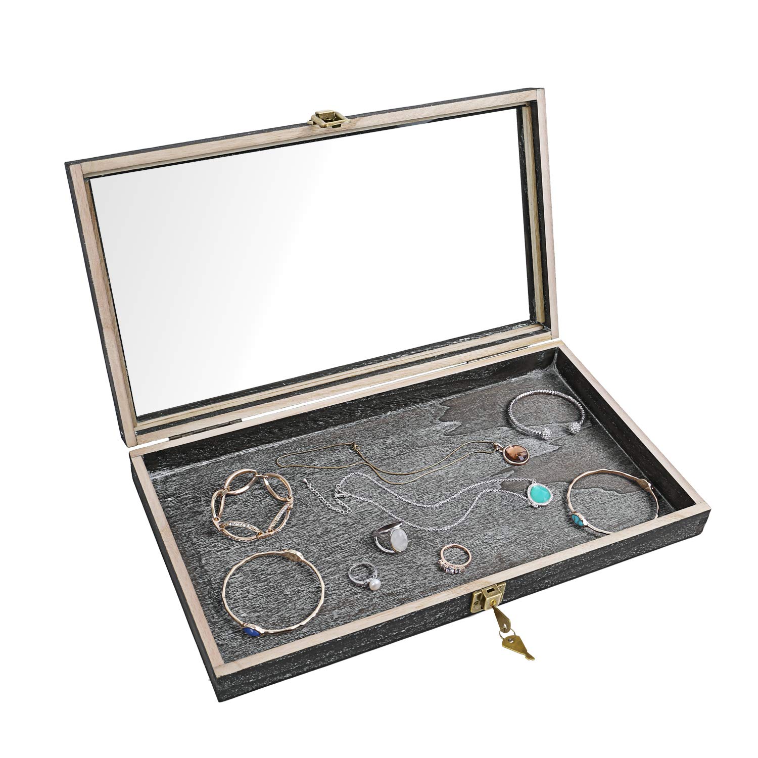 MOOCA Natural Wood Glass Top Jewelry Display Case Accessories Storage Box with Metal Clasp, Wooden Jewelry Tray for Collectibles, Home Organization with Key Lock (Dark Brown)