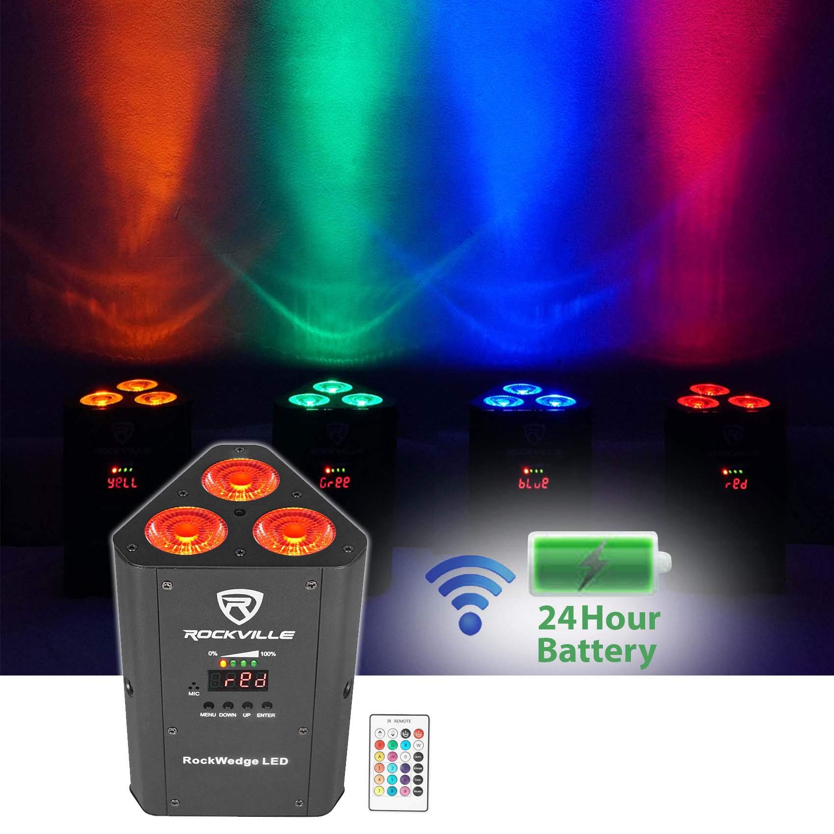 (4) Rockville RockWedge LED Battery Powered Par Lights+Wireless DMX Controller