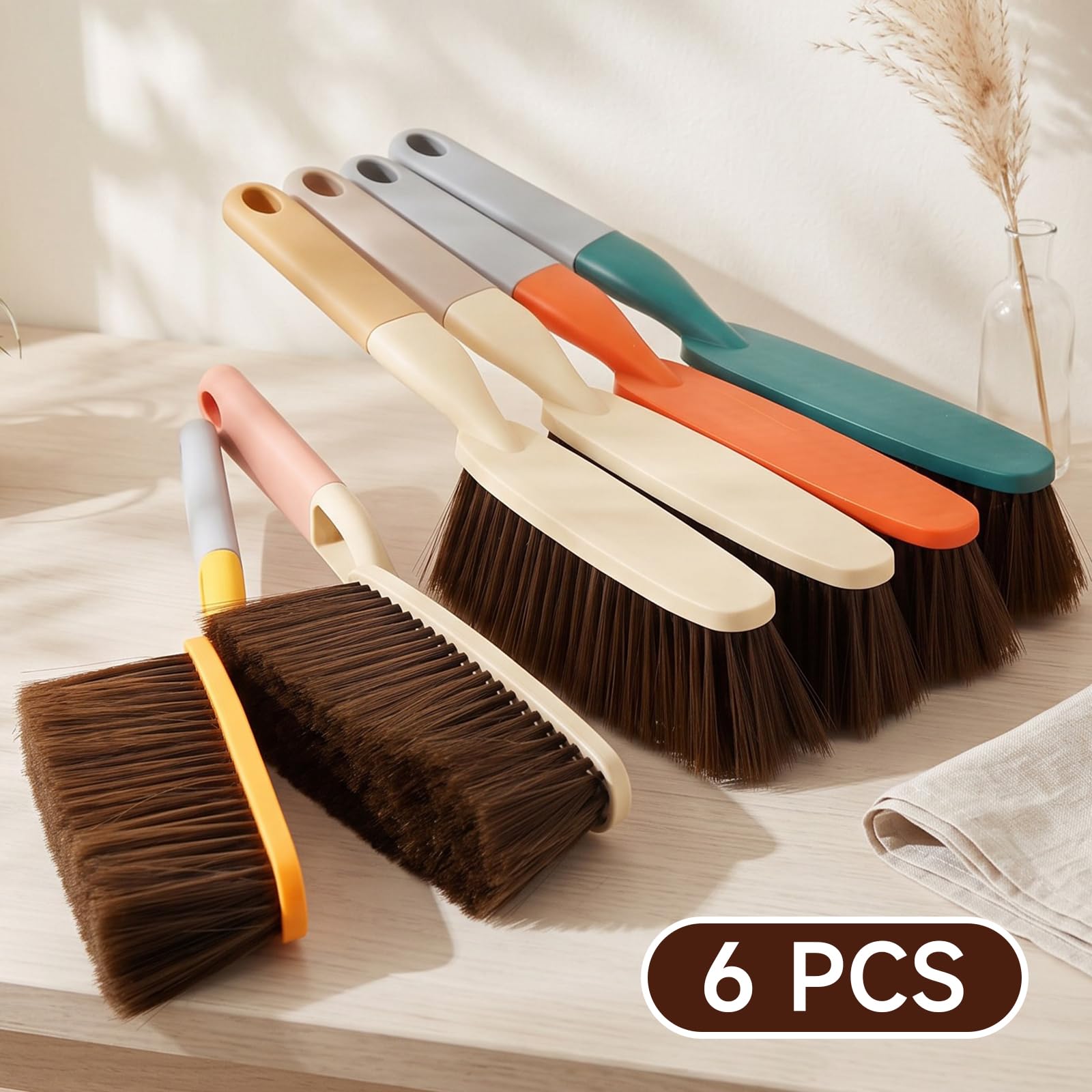 6 escobas de mano de plástico de 38,5 cm, herramienta de limpieza de cerdas suaves para cama, sofá, escritorio, ropa, muebles, encimera, hogar