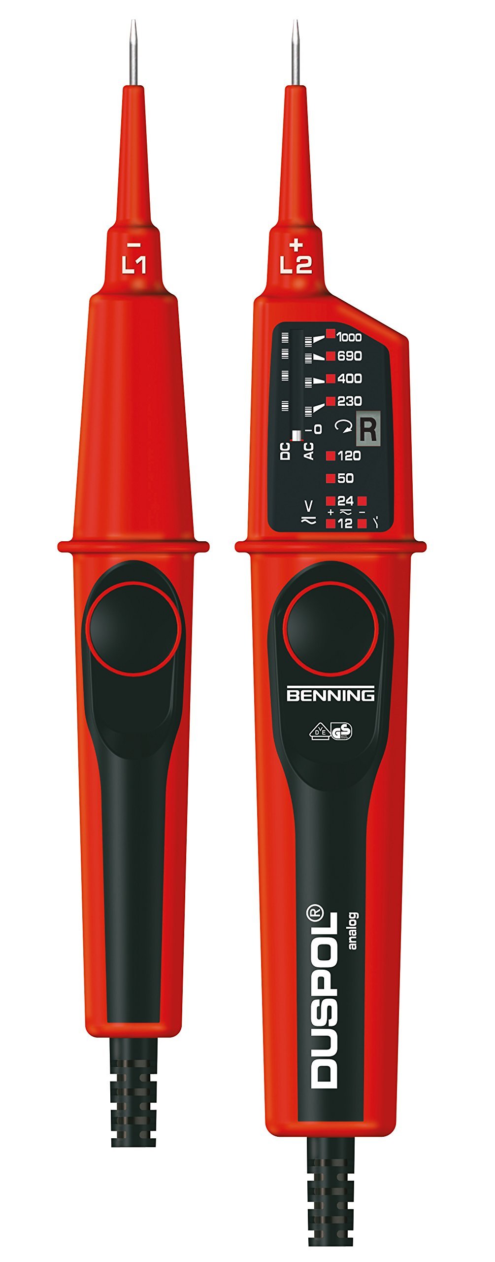 Benning 050261 Duspol Analog-Spannungsprüfer mit beweglicher Spulenfüllstandsanzeige mit Benning-Beutel Schutzbeutel für Spannungsprüfer Duspol