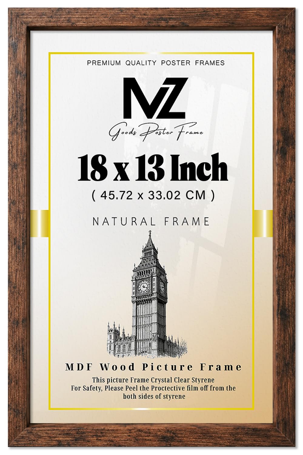 MZ GOODS | MDF Poster Frame (45.72 x 33.02 CM) 18" x 13" for Travel Posters/Pictures & Home Décor, Secure Hooks for Mounting [ Rustic ]