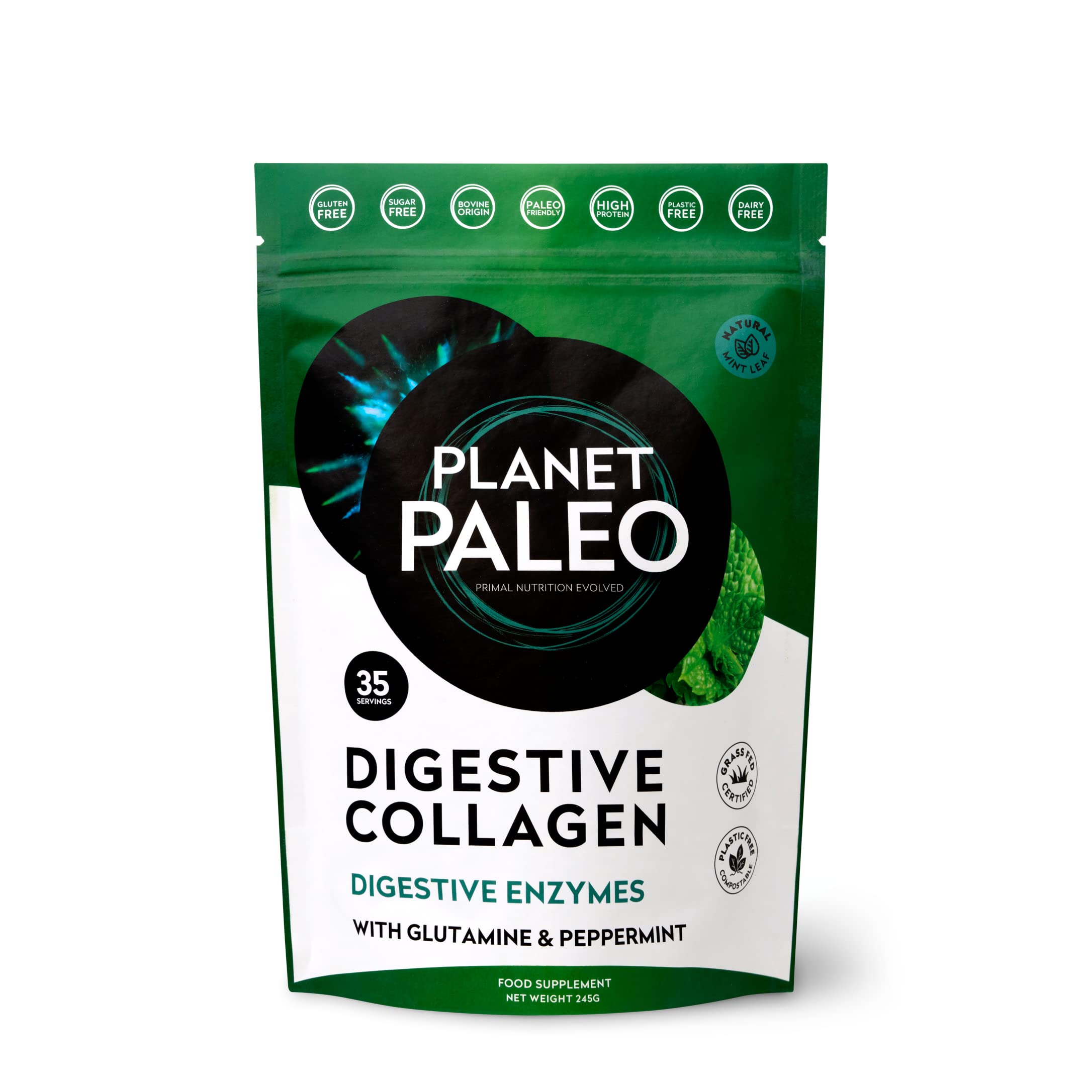 Digestive Collagen Powder for Gut Health (245g, 35 Servings) Grass-Fed Bovine Collagen Peptides, with Liquorice, L-glutamine and Probiotics, Supports Digestion & Nutrient Absorption, Mint