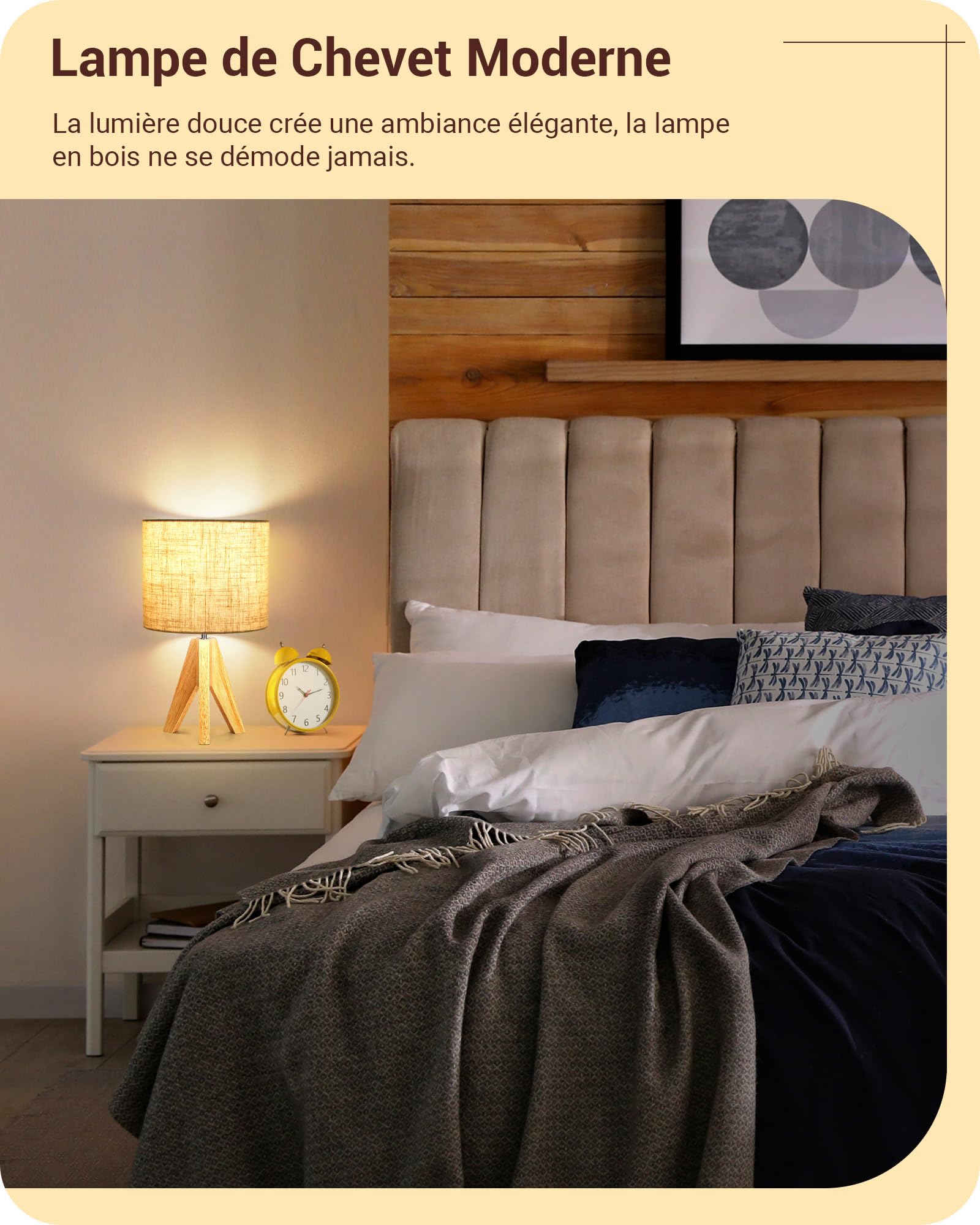 EDISHINE Lampe de Chevet Lot de 2, E27 Douille, Trépied Vintage, Ampoule Incluse, 36 x 20 x 20 cm, Lampe de Table en Bois pour Chambre à Coucher, Salon, Hôtel, Abat-jour en Lin Beige