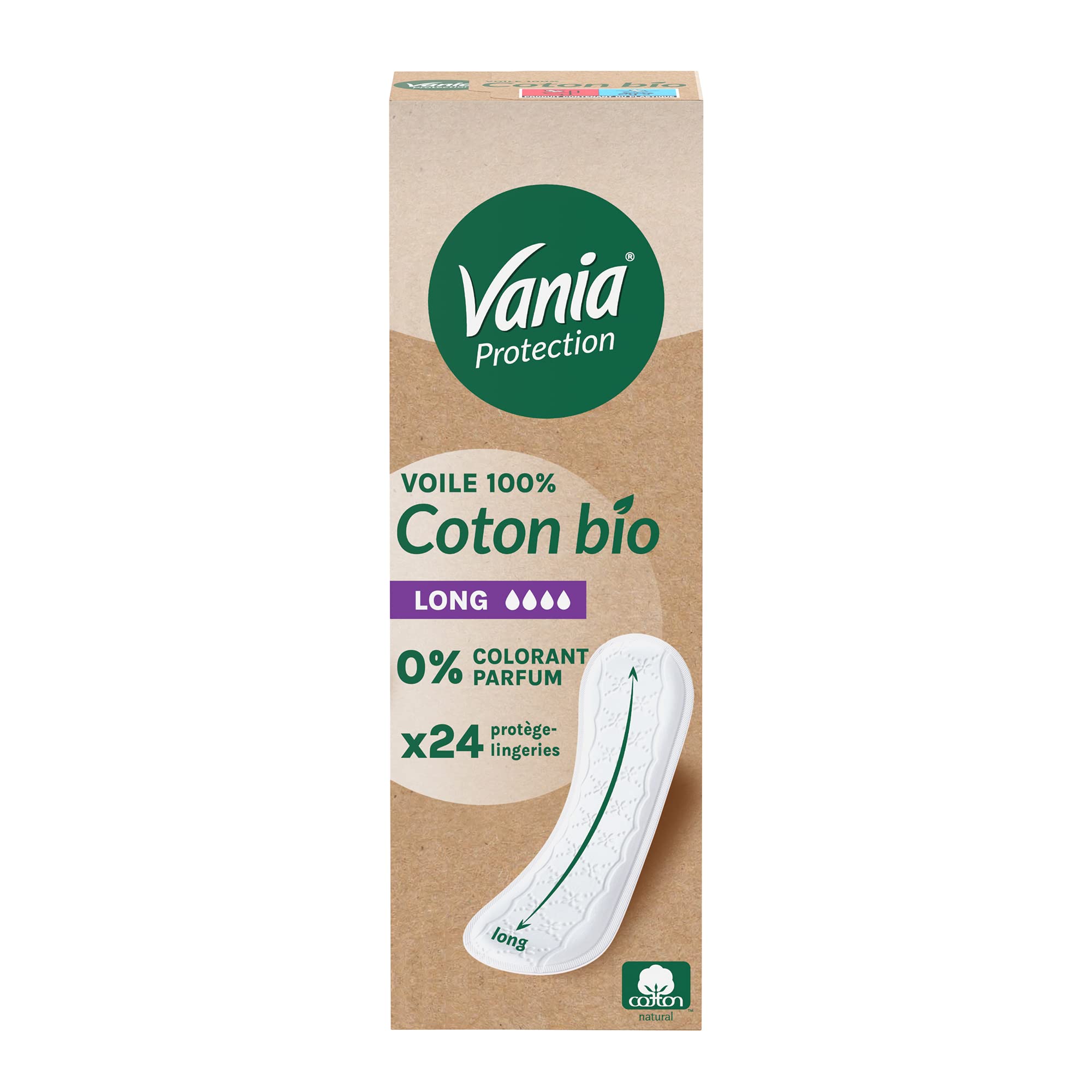 Vania | Protège-​slips Protection Voile 100 % Coton Bio Long (boîte de 24 pièces) – Protège-​lingeries sans parfum et sans colorant – Protection hygiénique respirante pour une sensation naturelle