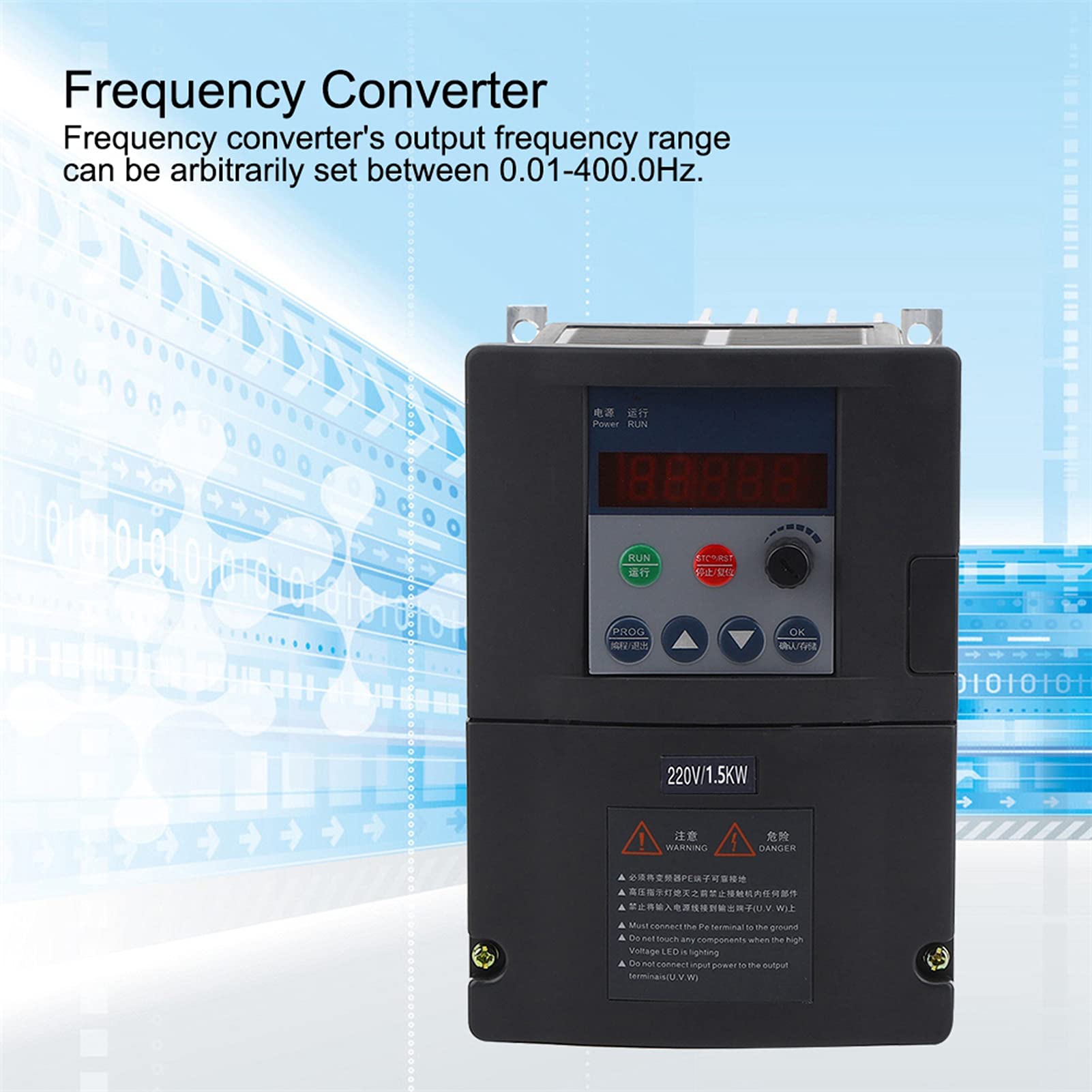 Mini convertisseur de fréquence d'inverseur entrée monophasée Sortie triphasée Coque en Aluminium Noir (1,5KW)