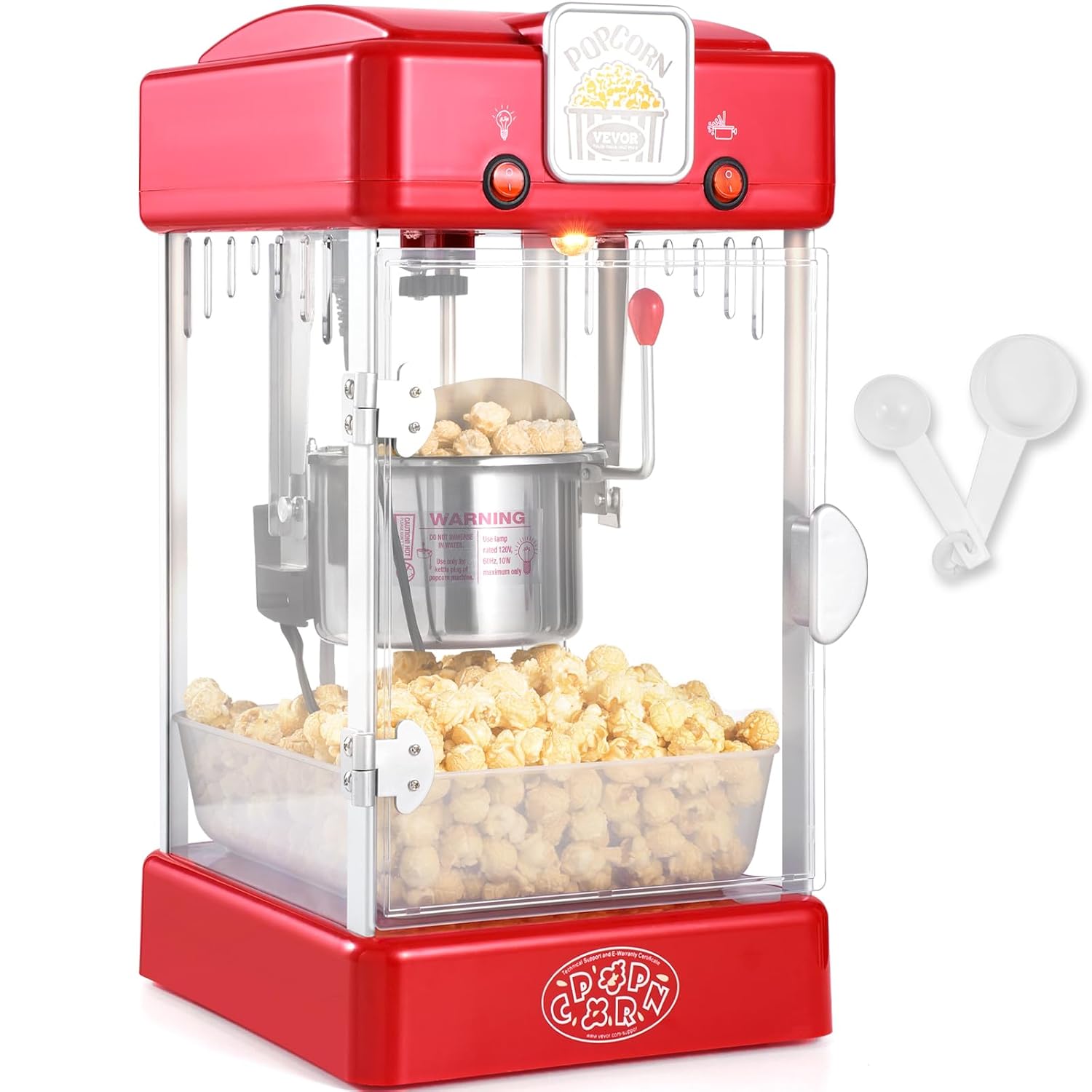 VEVOR Popcornmaschine - 300 W, 2,5 oz Kessel, 4 QT pro Ladung, Tisch-Popcornmaschine mit PP-Tür, inkl. 2 Schaufeln und Tablett, Kino-Stil, rot