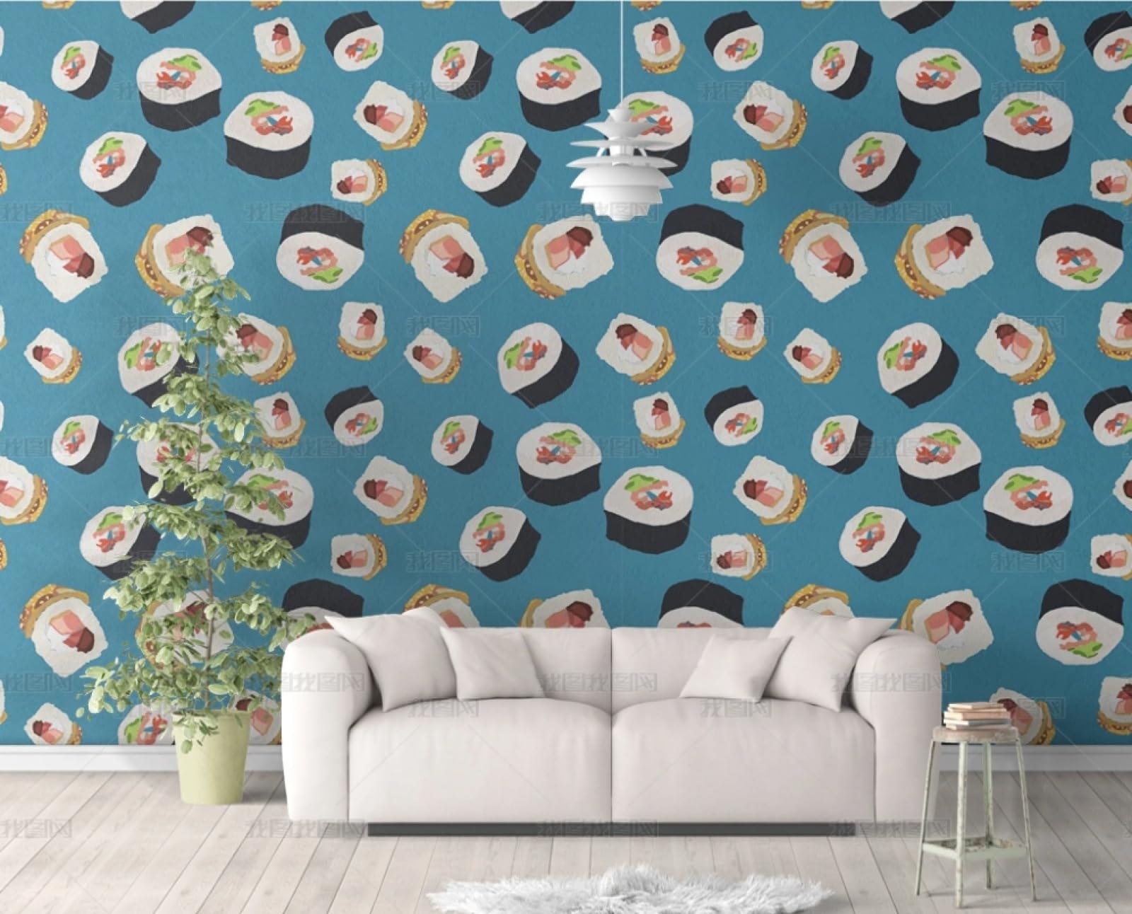 Papier peint autocollant bleu sushi 45x600cm adhésif vinyle pour meubles et murs
