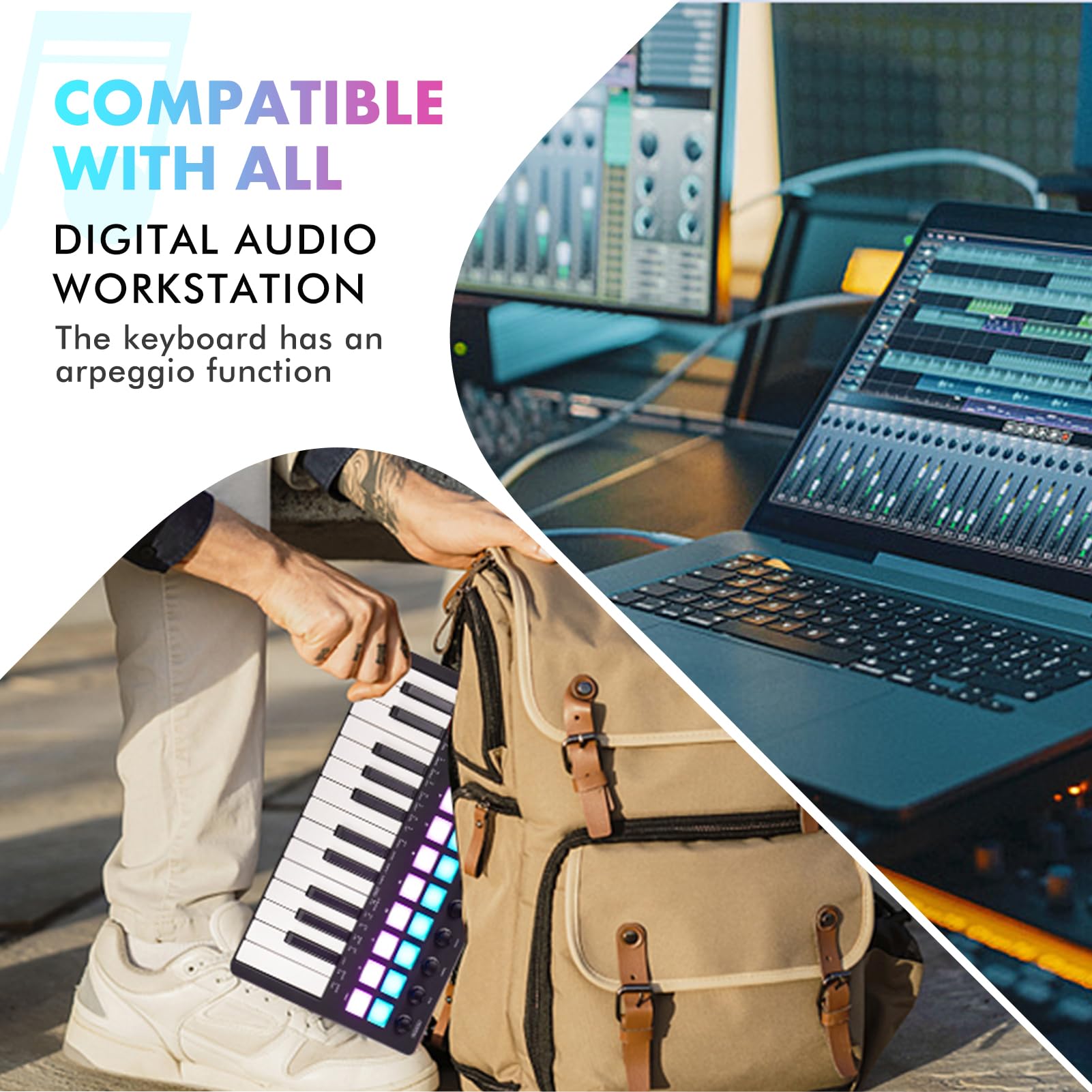 Tastiera Musicale, tastiera MIDI migliorata, tastiera arranger portatile ricaricabile, tastiera RGB pad, SMK-25II, nero e bianco, batteria integrata